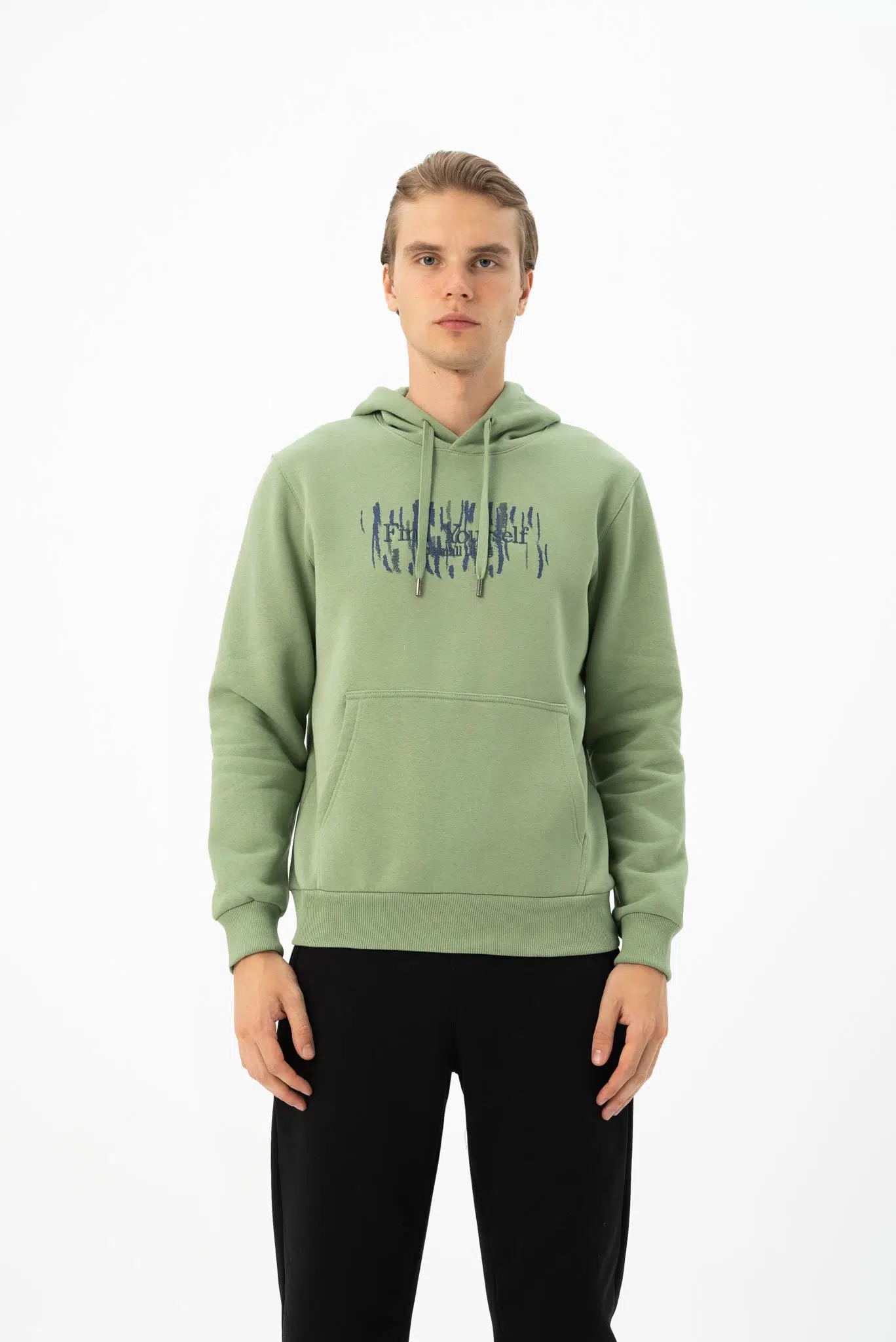 Ar-ma Erkek Kapşonlu Sweatshirt Yazi Baskili Kanguru Cepli Örme Kumaş Büyük Beden %70 Pamuk %30 Polyester 30/1 Şardonlu Üç İplik K24254884301 - Yeşil-Y2