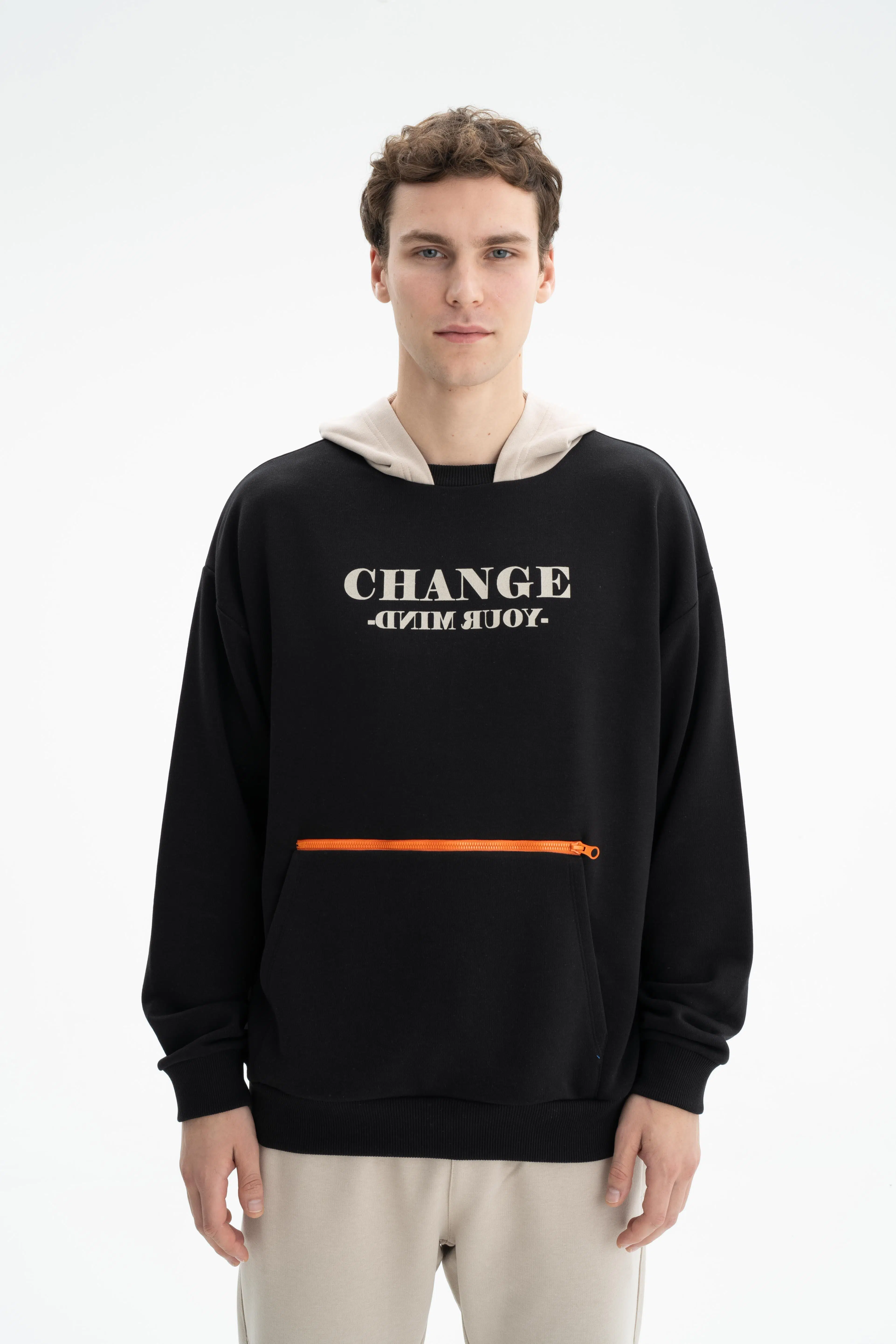 Ar-ma Erkek Kapşonlu Sweatshirt Yazi Baskili Kanguru Cepli Oversize 3 İplik Şardonsuz K26254626601 - Siyah-S1