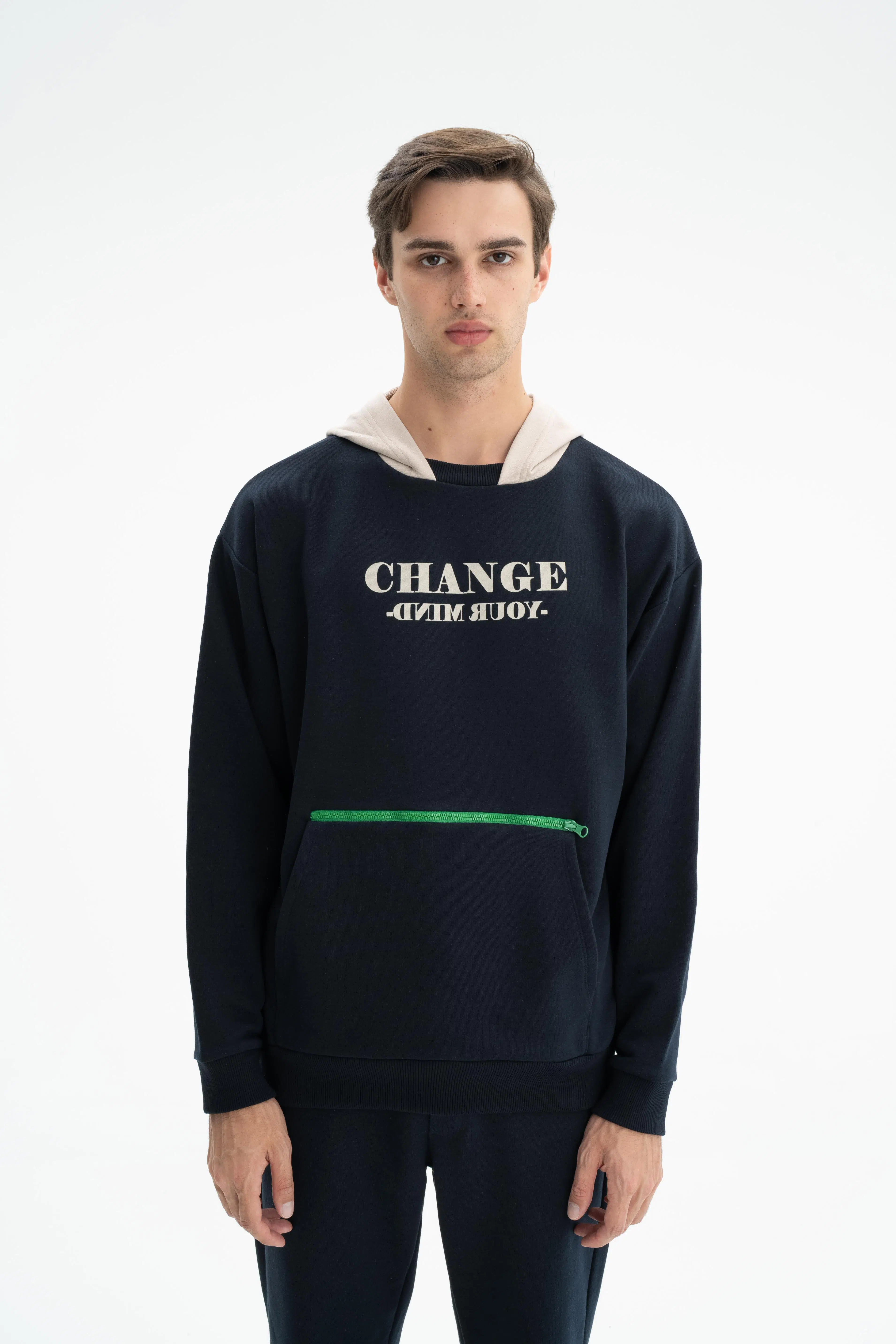 Ar-ma Erkek Kapşonlu Sweatshirt Yazi Baskili Kanguru Cepli Oversize 3 İplik Şardonsuz K26254626601 - Lacivert-L1
