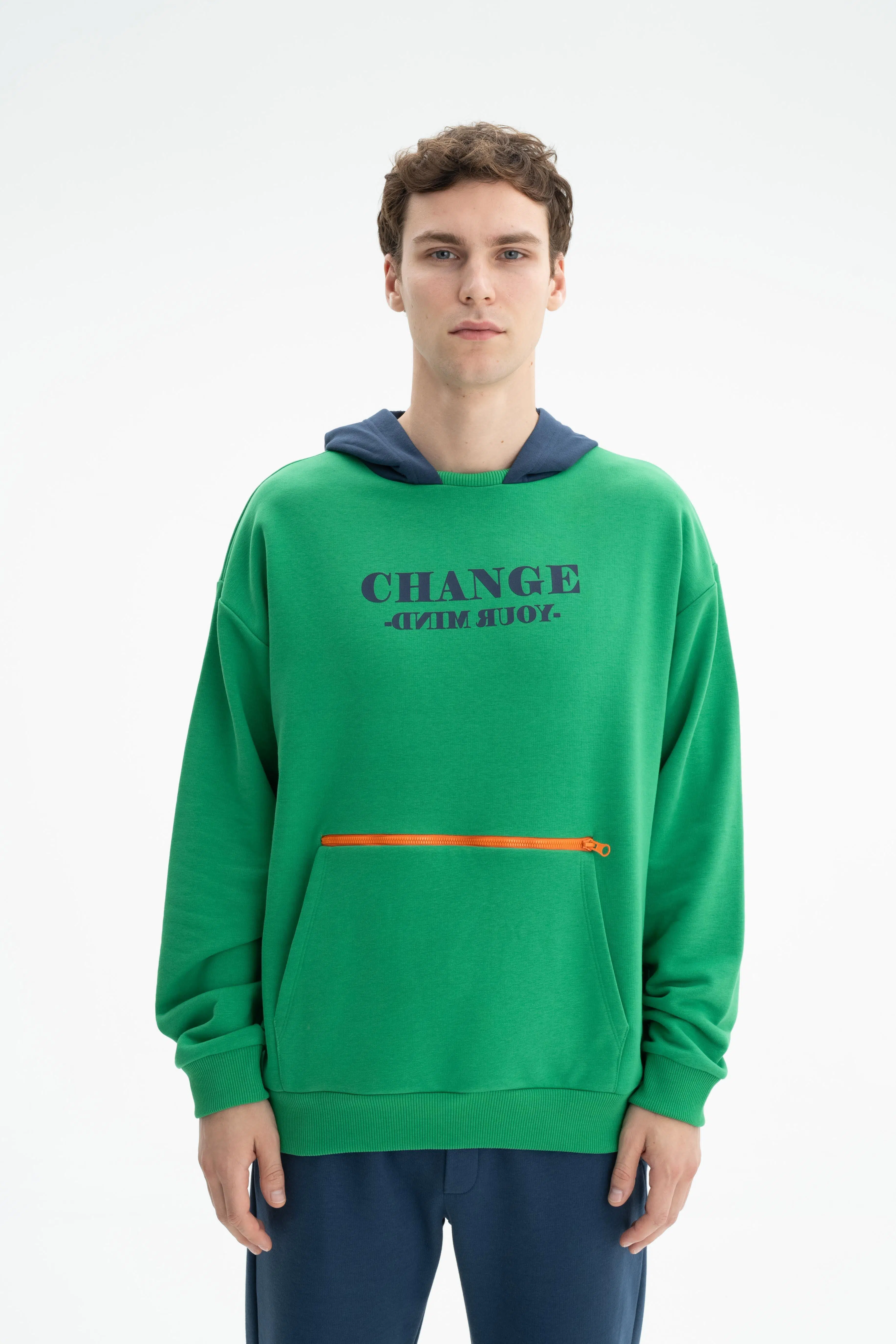 Ar-ma Erkek Kapşonlu Sweatshirt Yazi Baskili Kanguru Cepli Oversize 3 İplik Şardonsuz K26254626601 - Yeşil-Y1