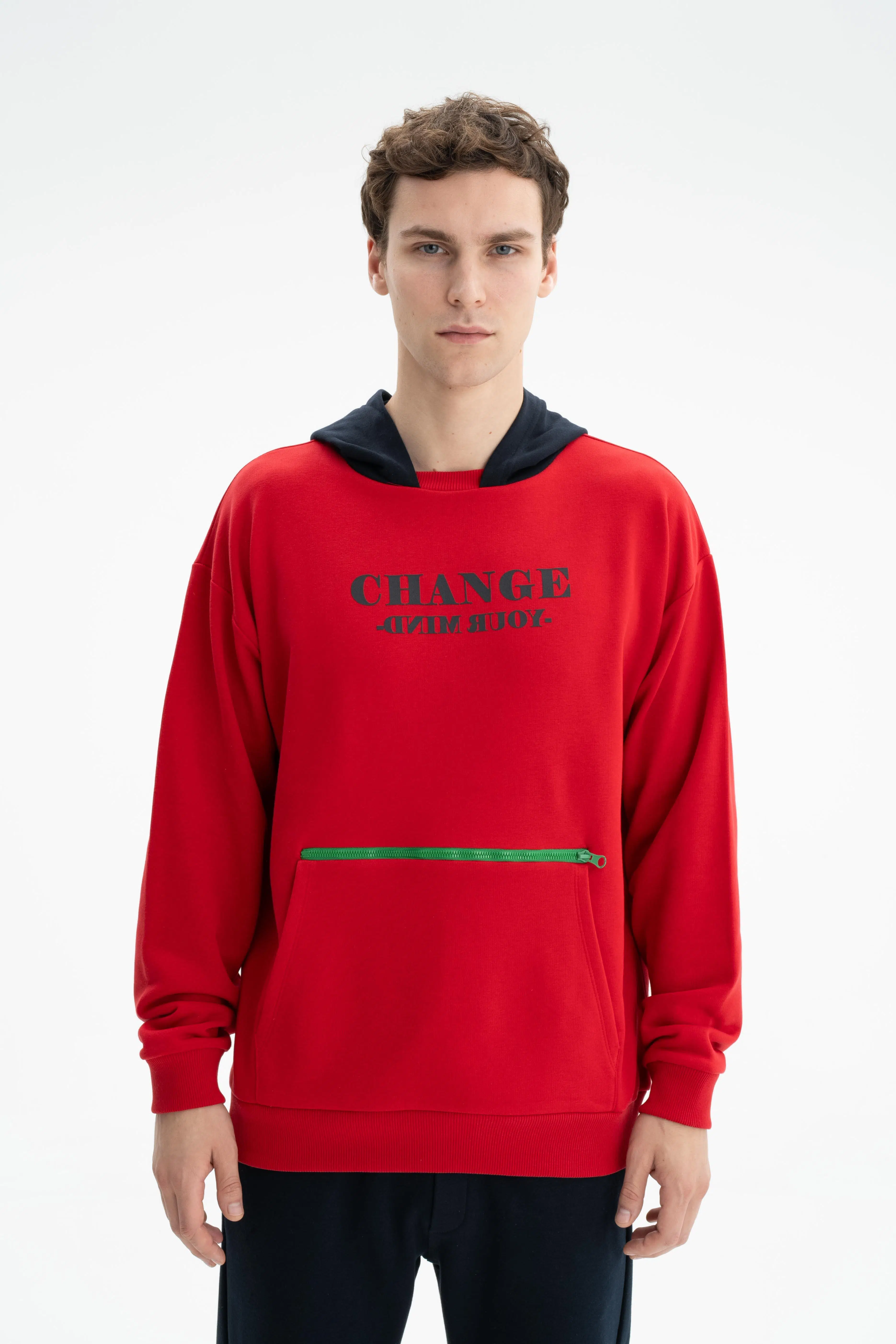 Ar-ma Erkek Kapşonlu Sweatshirt Yazi Baskili Kanguru Cepli Oversize 3 İplik Şardonsuz K26254626601 - Kırmızı-K1