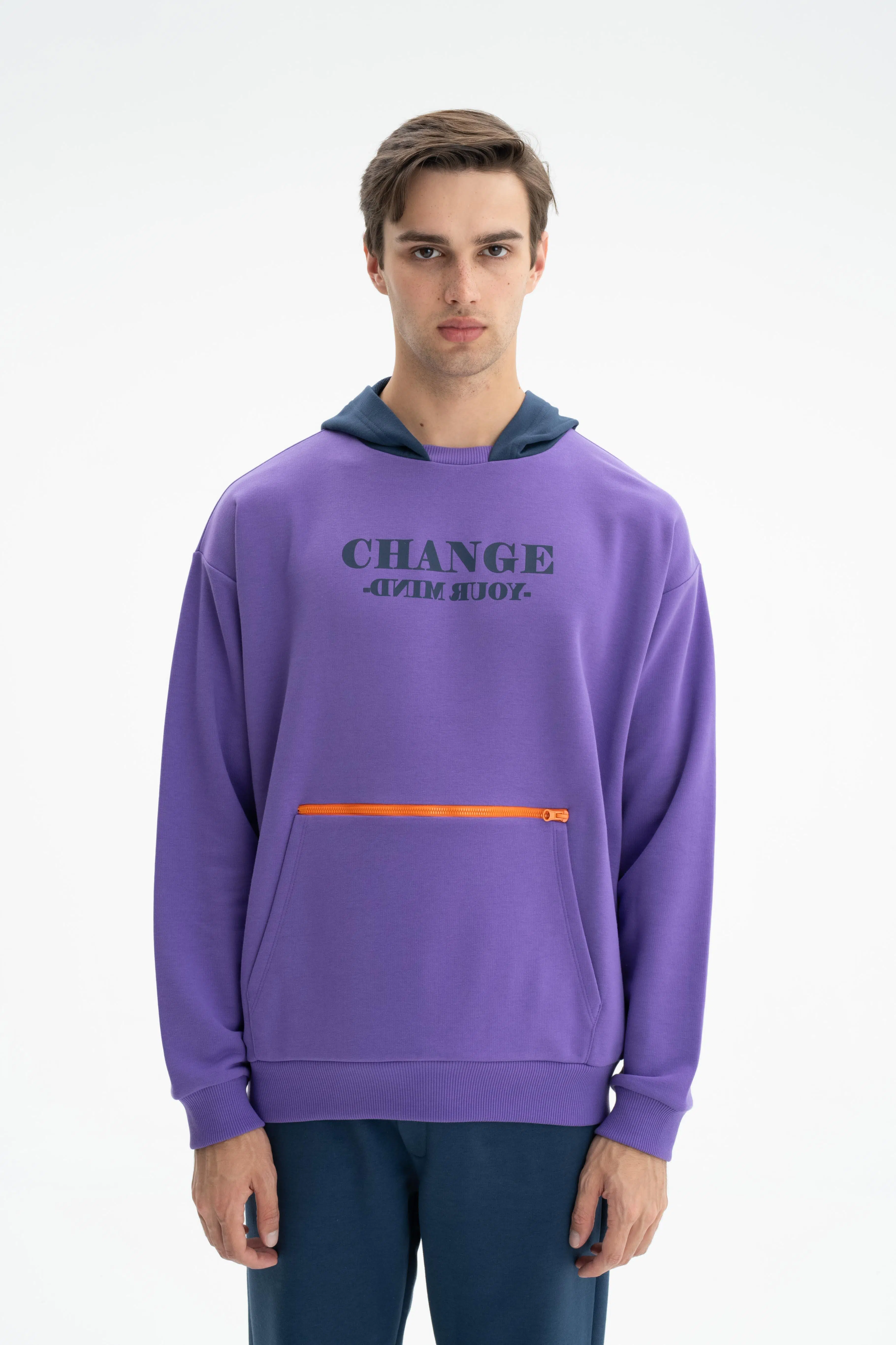 Ar-ma Erkek Kapşonlu Sweatshirt Yazi Baskili Kanguru Cepli Oversize 3 İplik Şardonsuz K26254626601 - Mor-M1