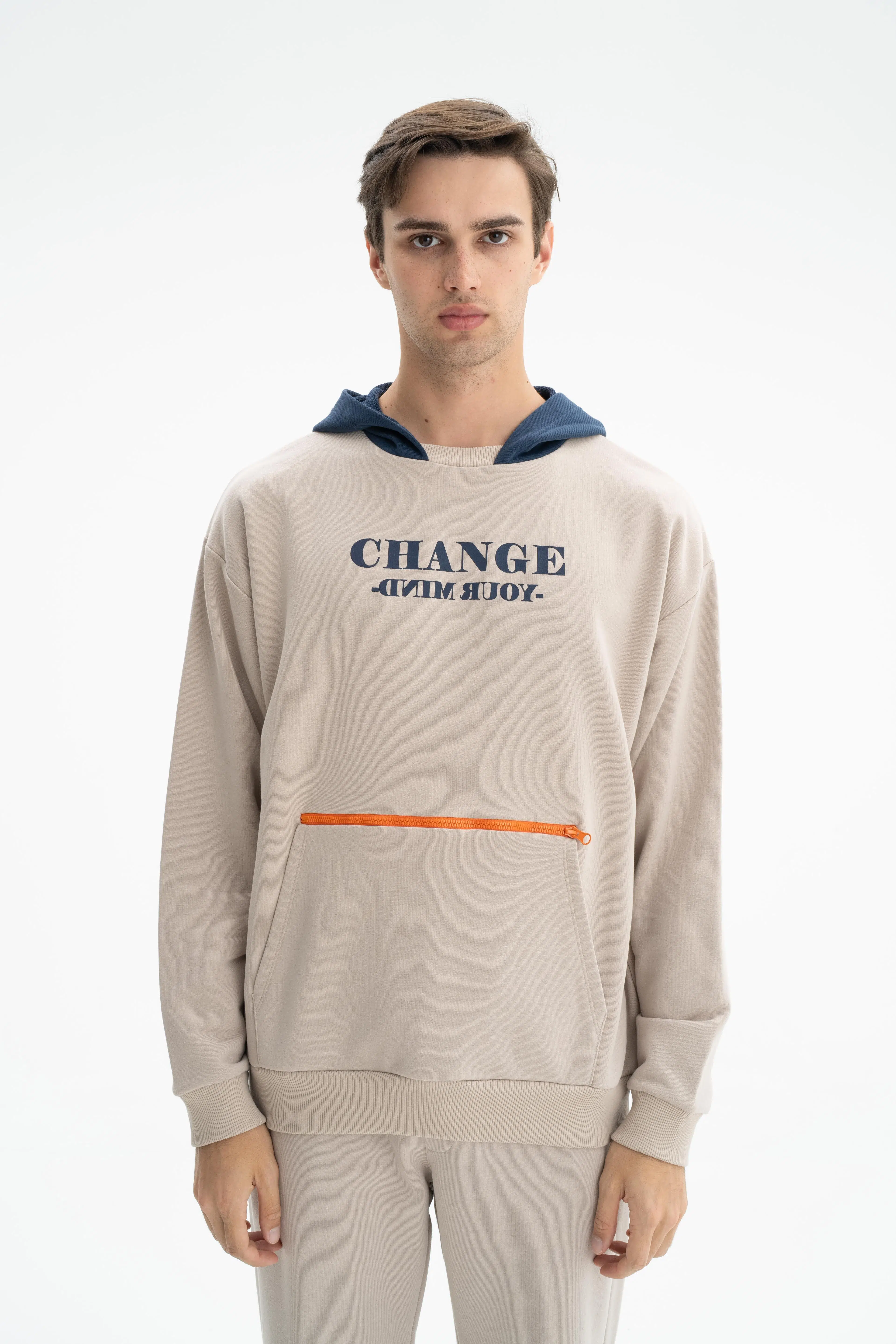Ar-ma Erkek Kapşonlu Sweatshirt Yazi Baskili Kanguru Cepli Oversize 3 İplik Şardonsuz K26254626601 - Bej-B2