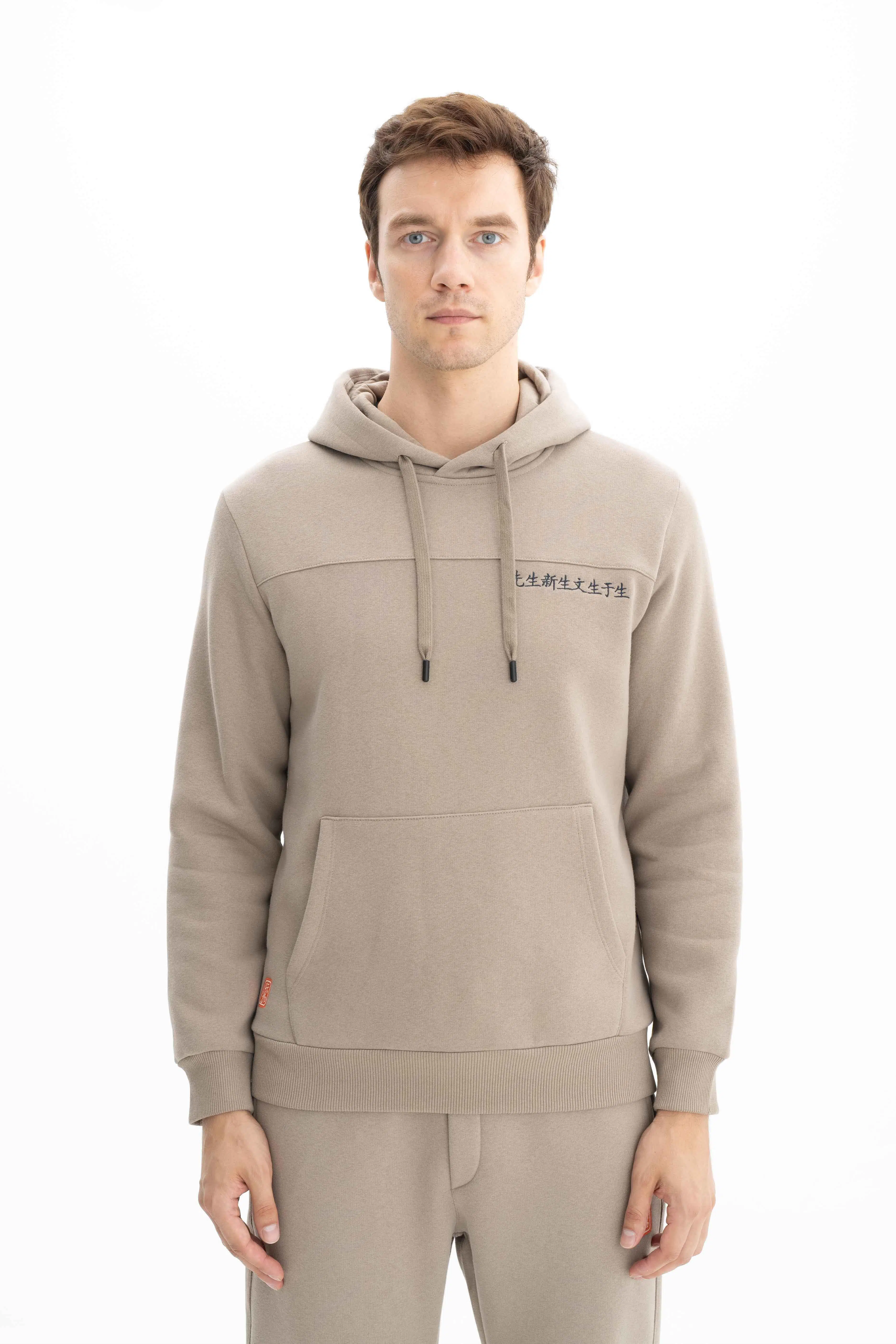 Ar-ma Erkek Kapşonlu Sweatshirt Yazi Baskili Kanguru Cepli Regular Fit Şardonlu Üç İplik K26254625901 - Gri-Bej G8