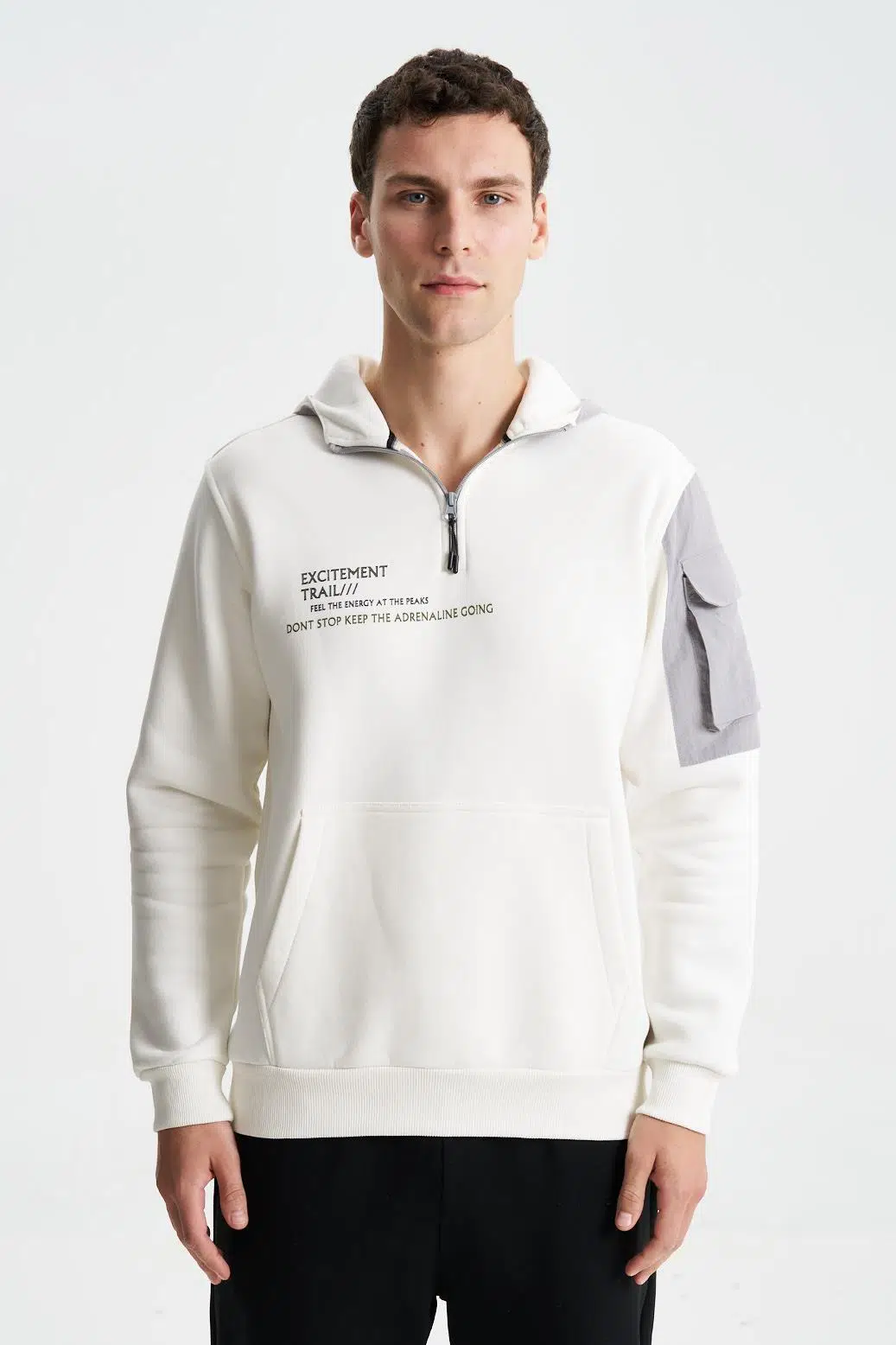 Ar-ma Erkek Kapşonlu Sweatshirt Yazi Baskili Kanguru Cepli Regular Fit Şardonlu Üç İplik K28254627301 - Ekru-E1
