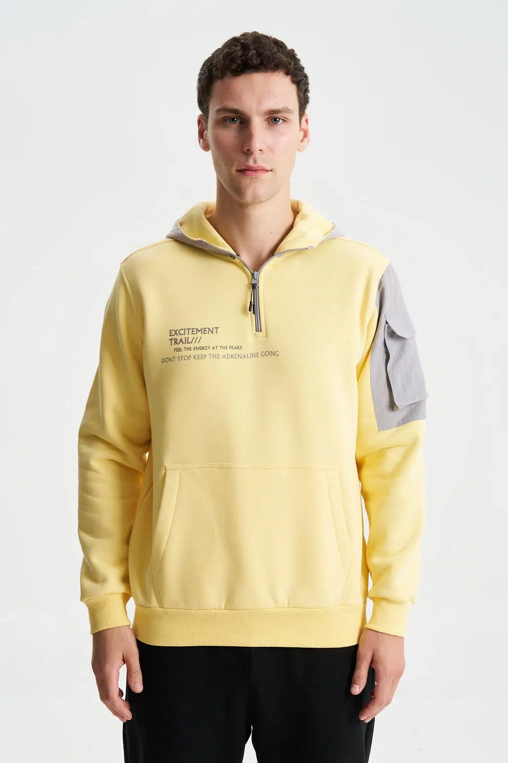 Ar-ma Erkek Kapşonlu Sweatshirt Yazi Baskili Kanguru Cepli Regular Fit Şardonlu Üç İplik K28254627301 - Sarı-S1
