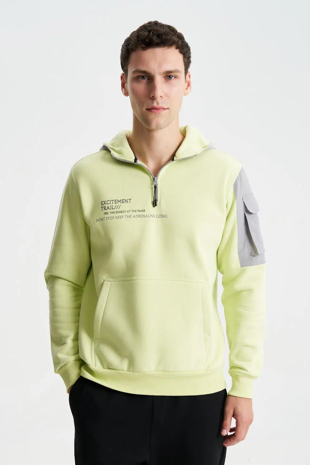 Ar-ma Erkek Kapşonlu Sweatshirt Yazi Baskili Kanguru Cepli Regular Fit Şardonlu Üç İplik K28254627301 - Yeşil-Y4