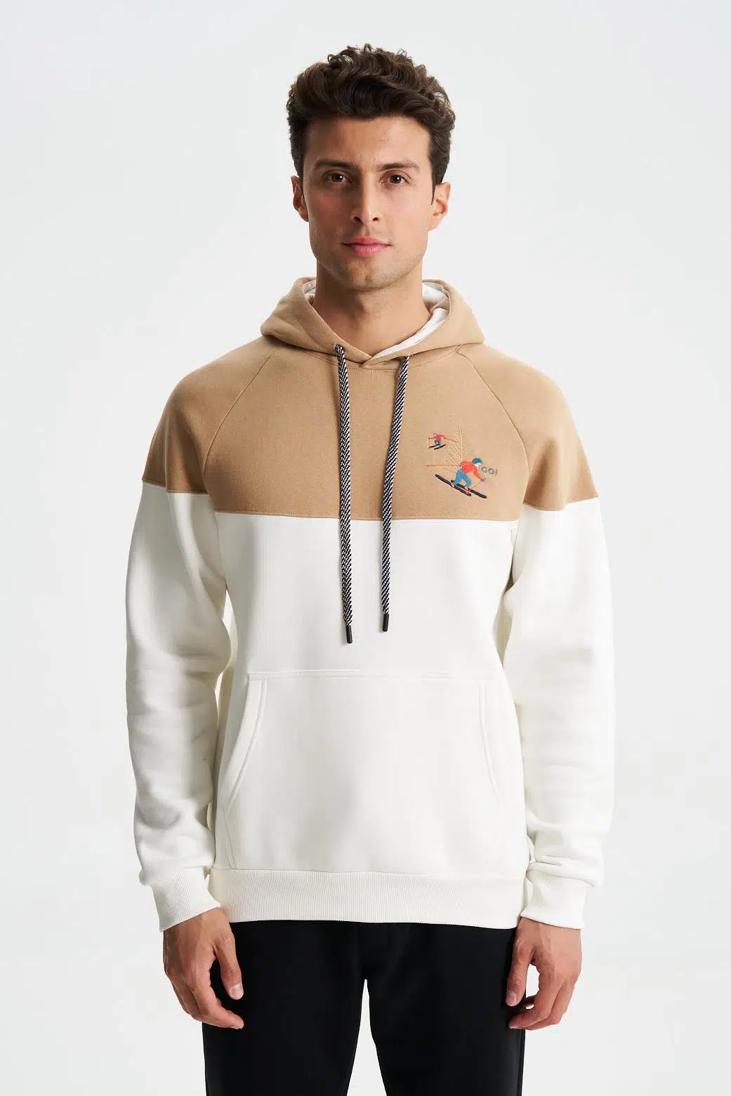 Ar-ma Erkek Kapşonlu Sweatshirt Yazi Baskili Kanguru Cepli Regular Fit Şardonlu Üç İplik K28254627601 - Ekru-E1