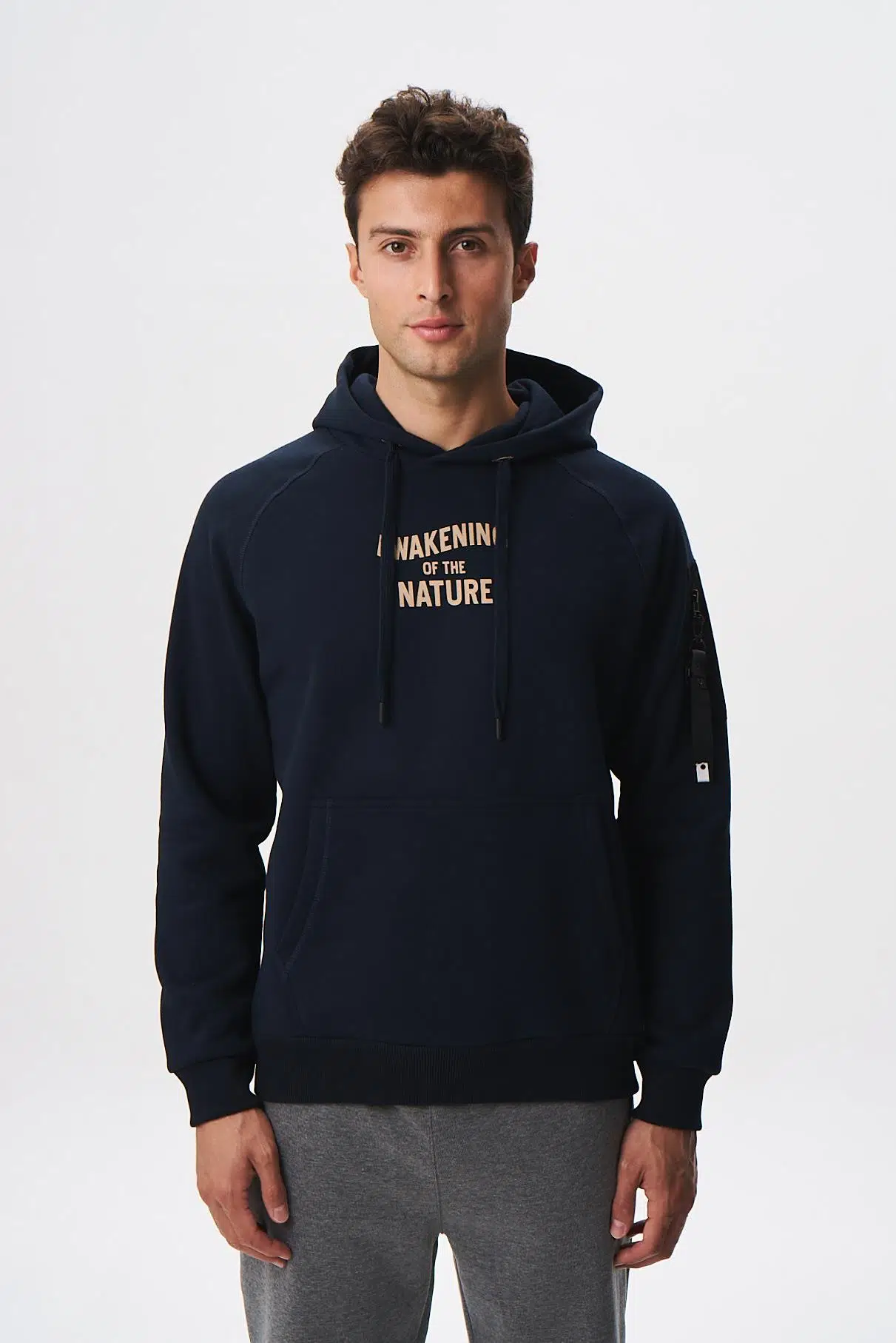 Ar-ma Erkek Kapşonlu Sweatshirt Yazi Baskili Kanguru Cepli Regular Fit Şardonlu Üç İplik K28254627801 - Lacivert-L1