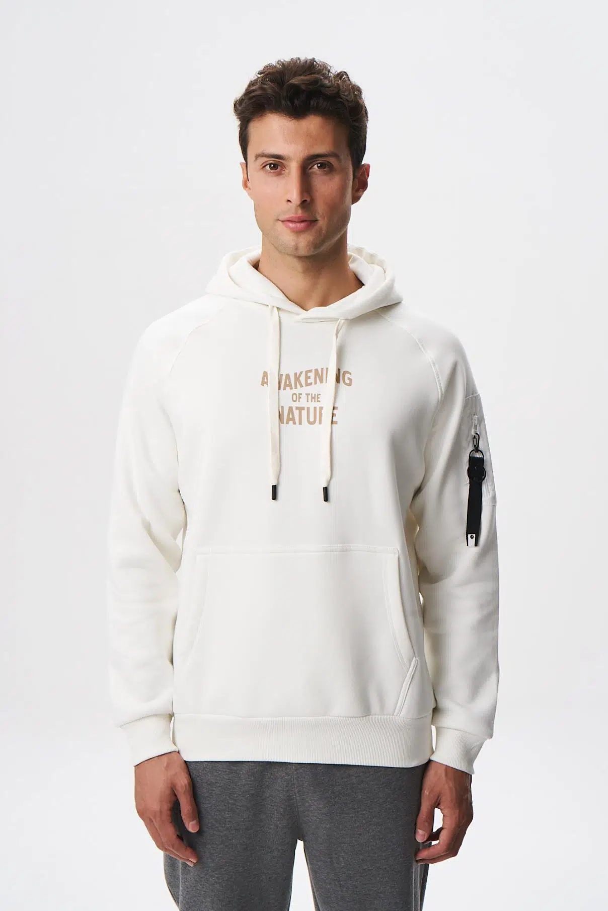 Ar-ma Erkek Kapşonlu Sweatshirt Yazi Baskili Kanguru Cepli Regular Fit Şardonlu Üç İplik K28254627801 - Ekru-E1