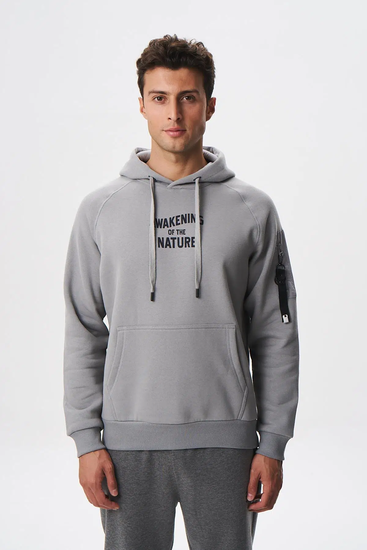 Ar-ma Erkek Kapşonlu Sweatshirt Yazi Baskili Kanguru Cepli Regular Fit Şardonlu Üç İplik K28254627801 - Gri-G2