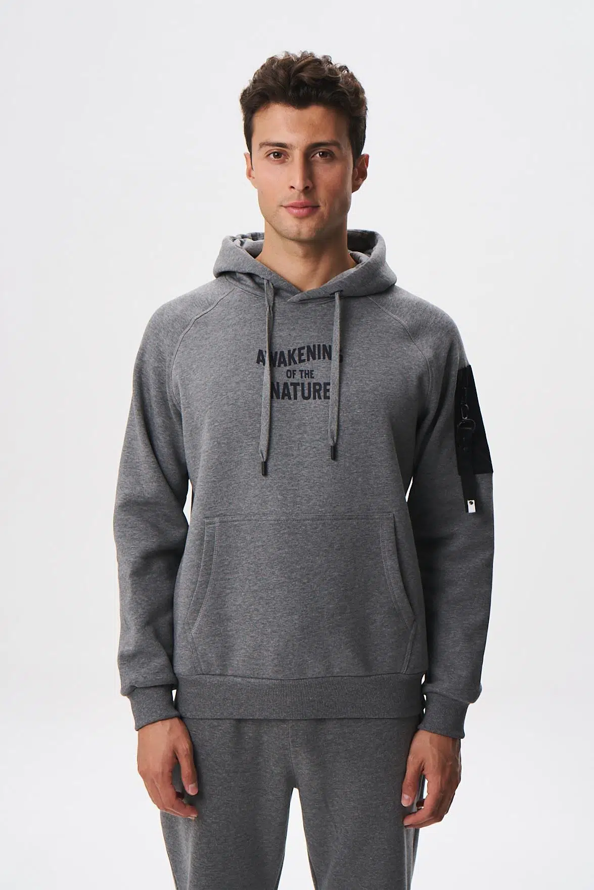 Ar-ma Erkek Kapşonlu Sweatshirt Yazi Baskili Kanguru Cepli Regular Fit Şardonlu Üç İplik K28254627801 - Gri-G1