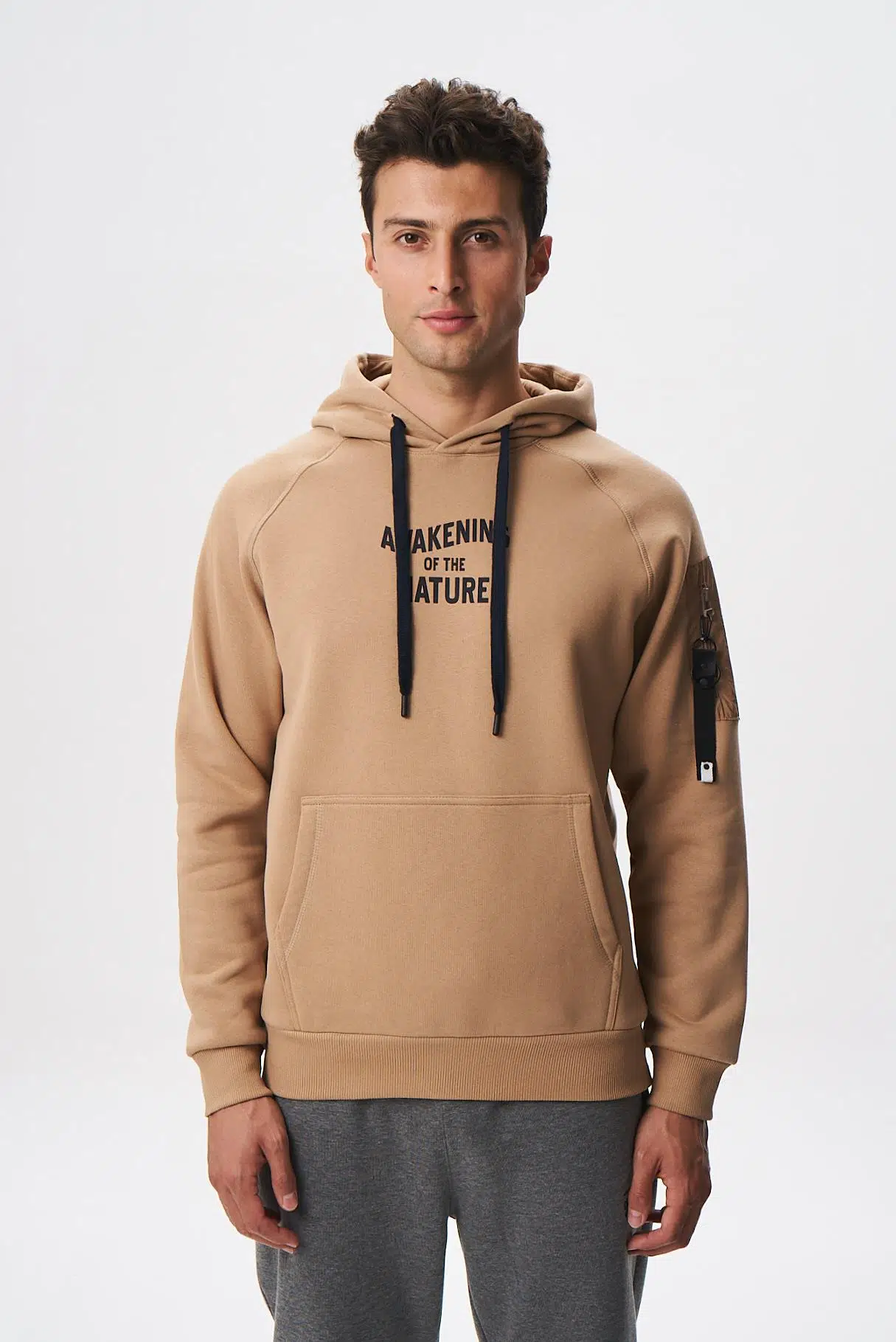 Ar-ma Erkek Kapşonlu Sweatshirt Yazi Baskili Kanguru Cepli Regular Fit Şardonlu Üç İplik K28254627801 - Kahverengi-K3