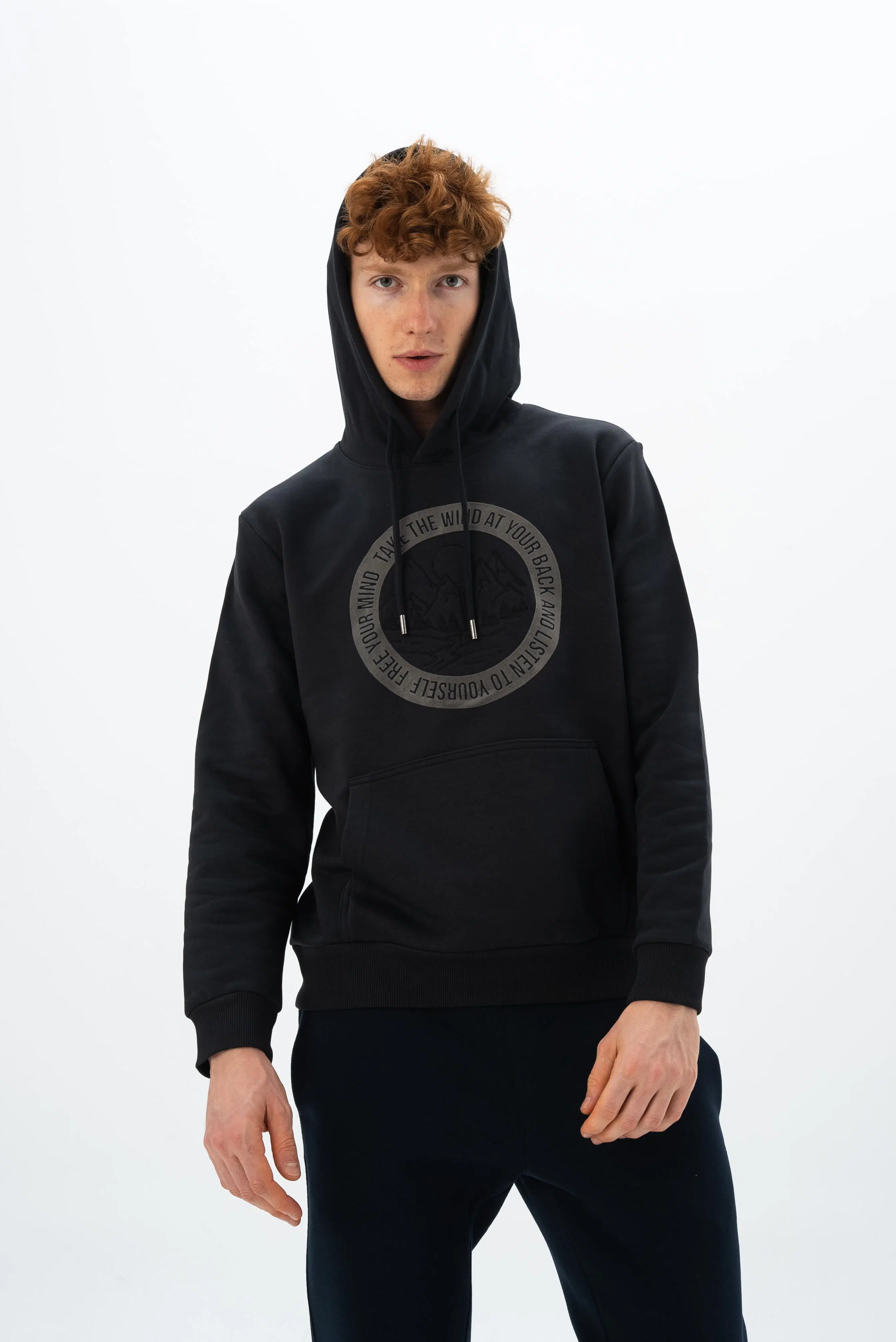 Ar-ma Erkek Kapşonlu Sweatshirt Yazi Baskili Kanguru Cepli Regular Fit Diagonal Üç İplik K26254925901 - Siyah-S1