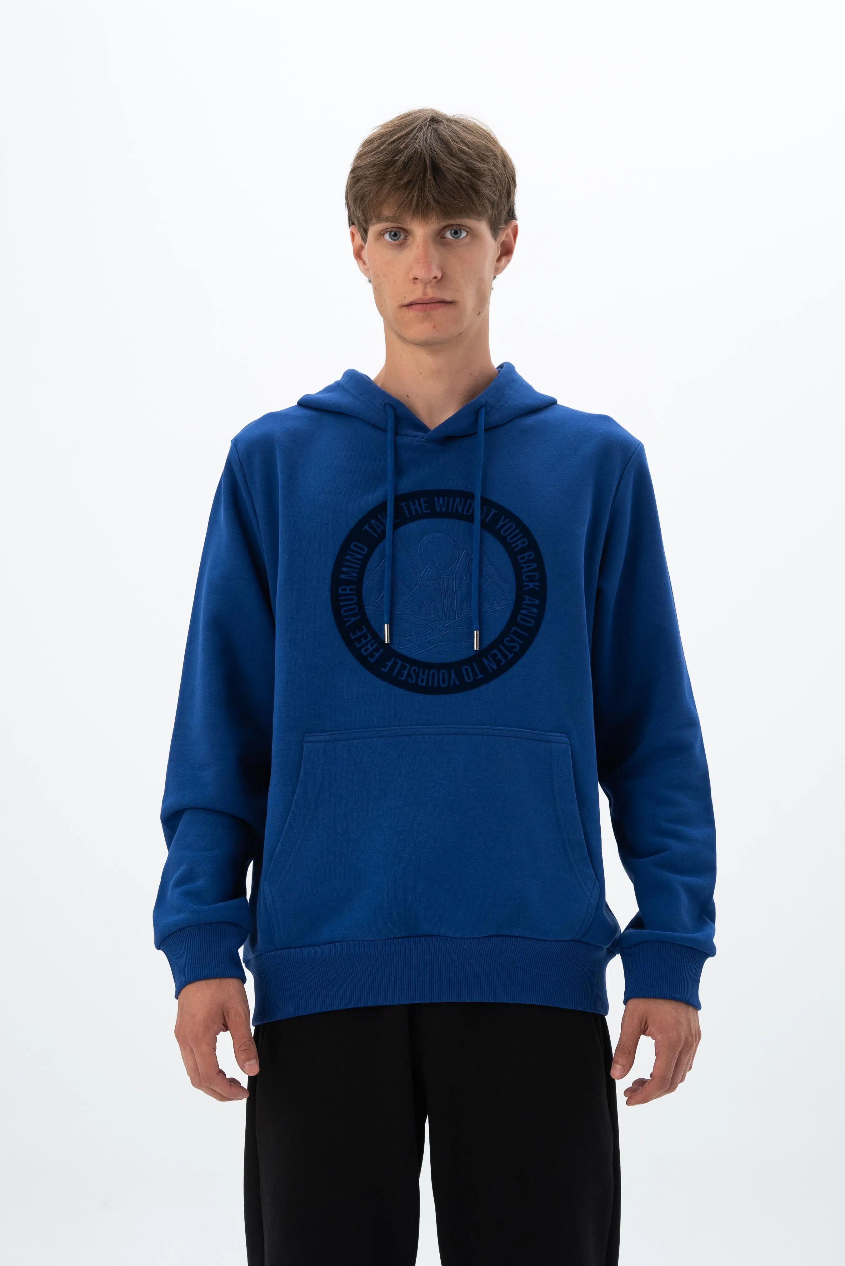 Ar-ma Erkek Kapşonlu Sweatshirt Yazi Baskili Kanguru Cepli Regular Fit Diagonal Üç İplik K26254925901 - Saks Mavisi-SM1