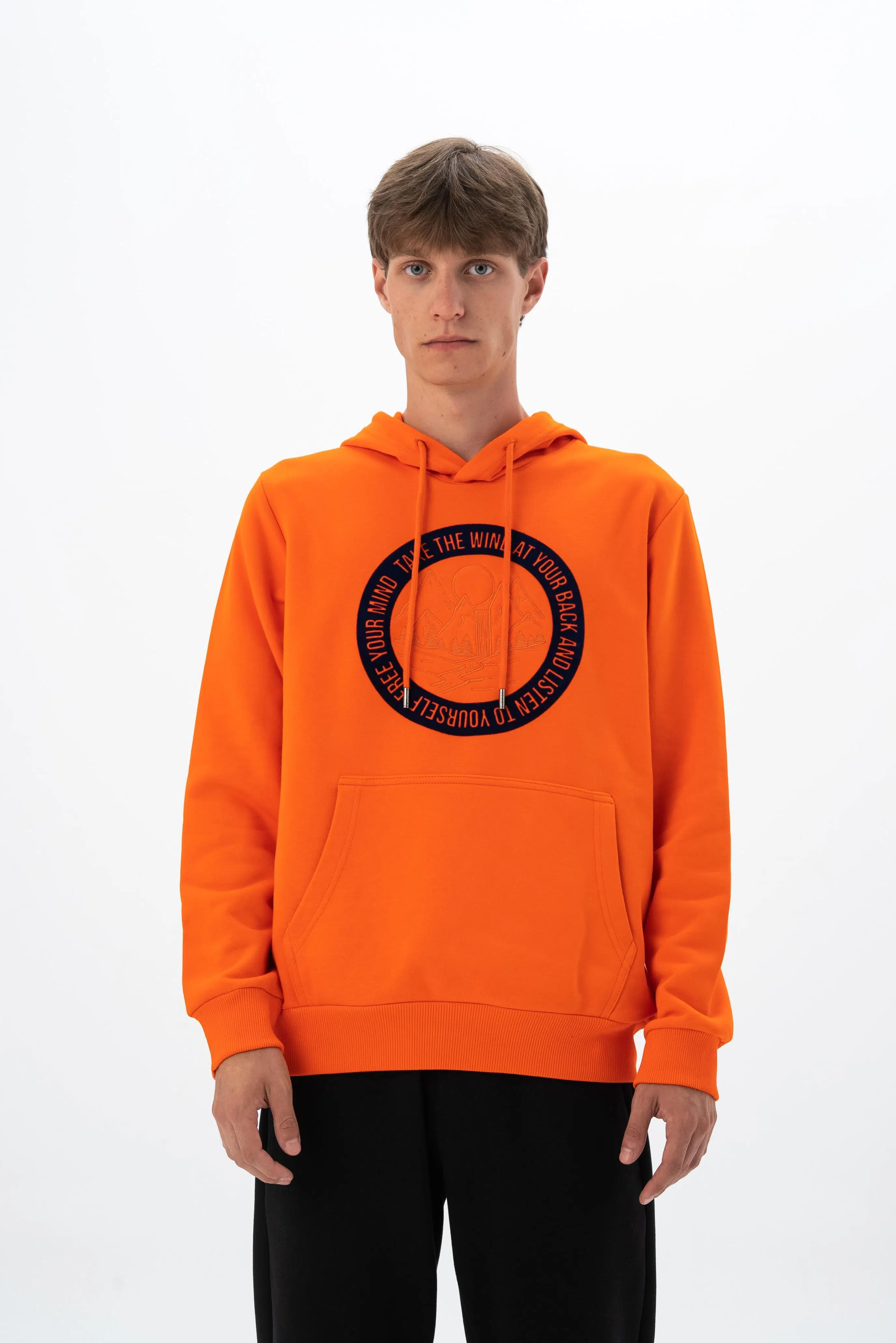 Ar-ma Erkek Kapşonlu Sweatshirt Yazi Baskili Kanguru Cepli Regular Fit Diagonal Üç İplik K26254925901 - Turuncu-T1