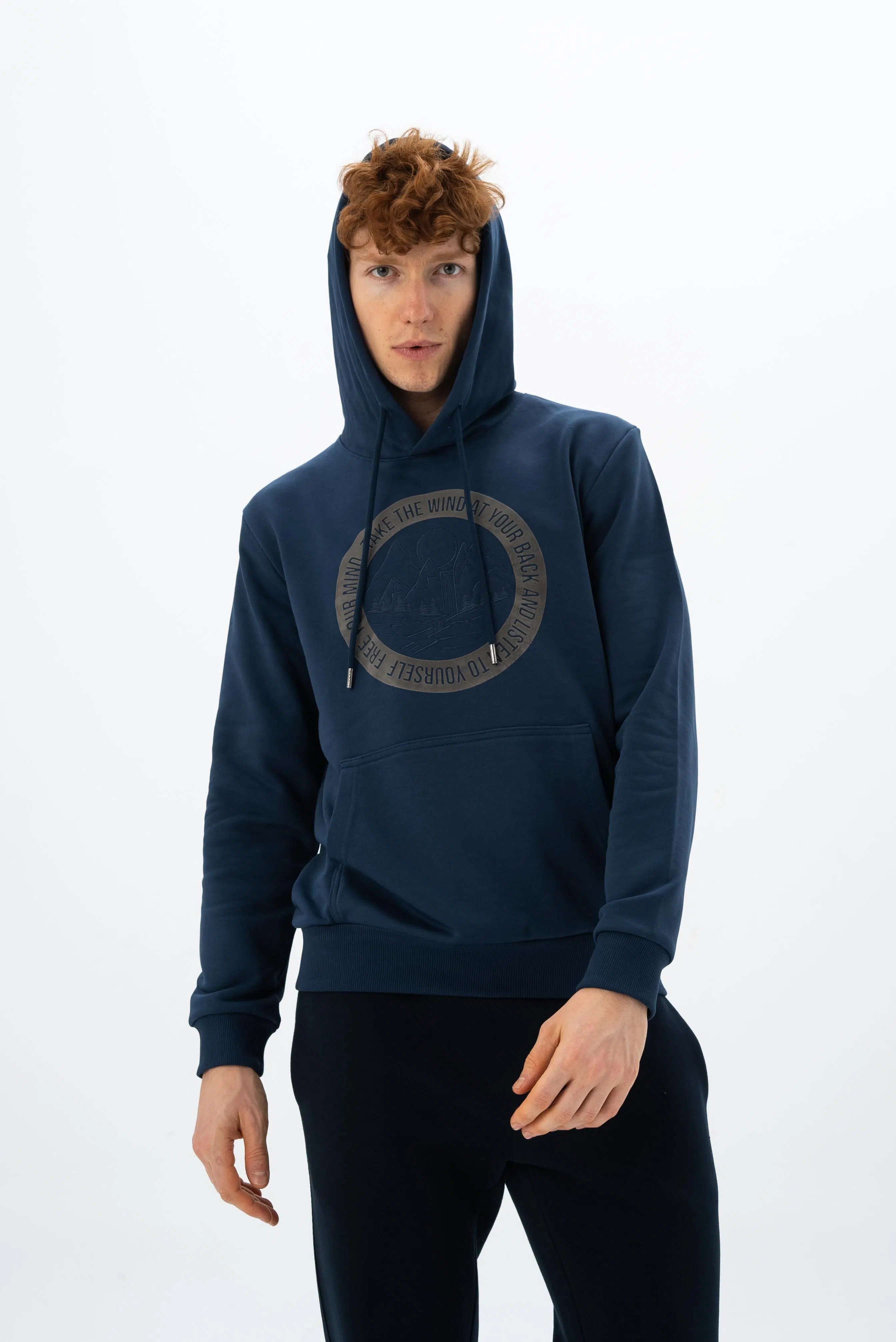Ar-ma Erkek Kapşonlu Sweatshirt Yazi Baskili Kanguru Cepli Regular Fit Diagonal Üç İplik K26254925901 - İndigo-İ1