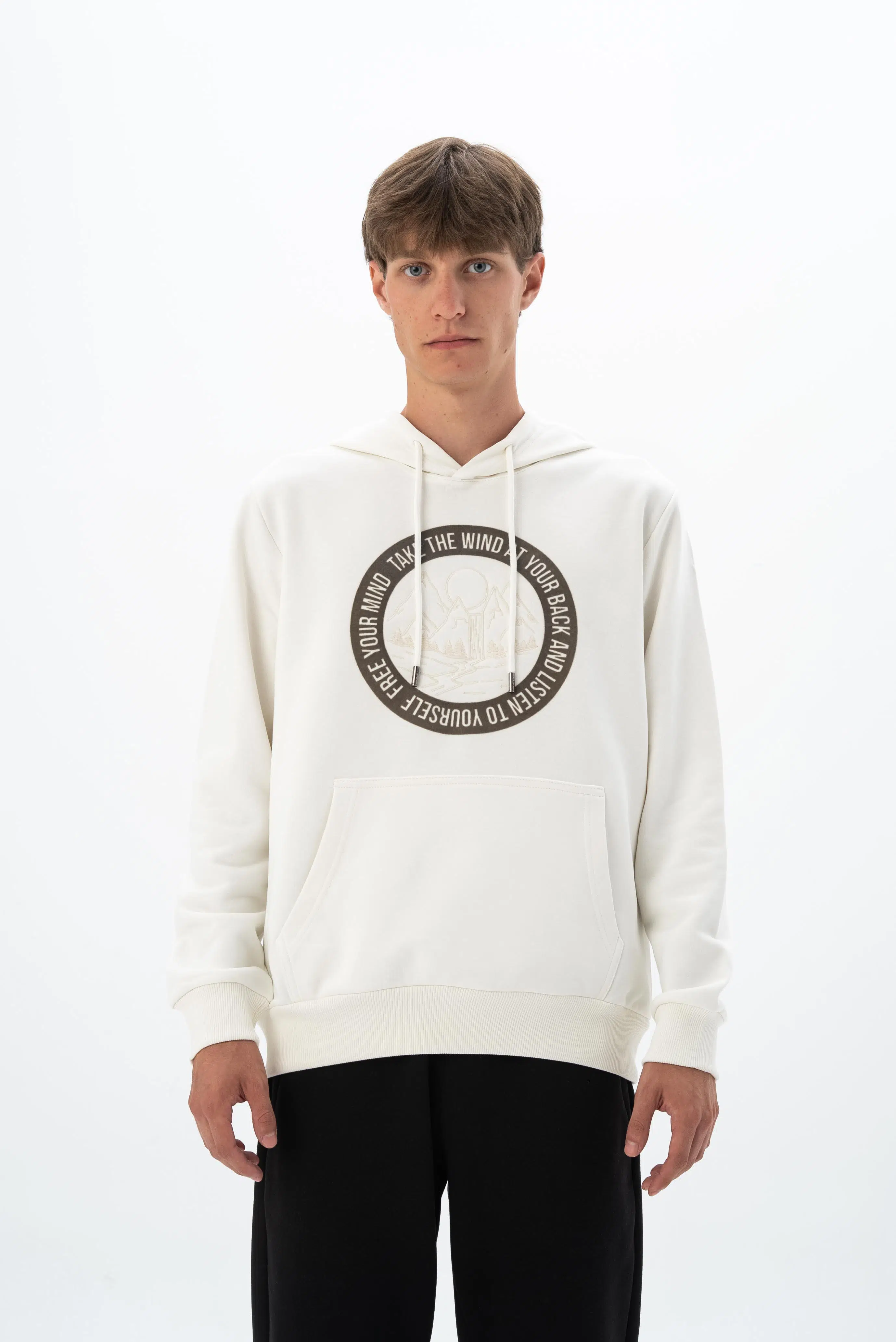 Ar-ma Erkek Kapşonlu Sweatshirt Yazi Baskili Kanguru Cepli Regular Fit Diagonal Üç İplik K26254925901 - Ekru-E1