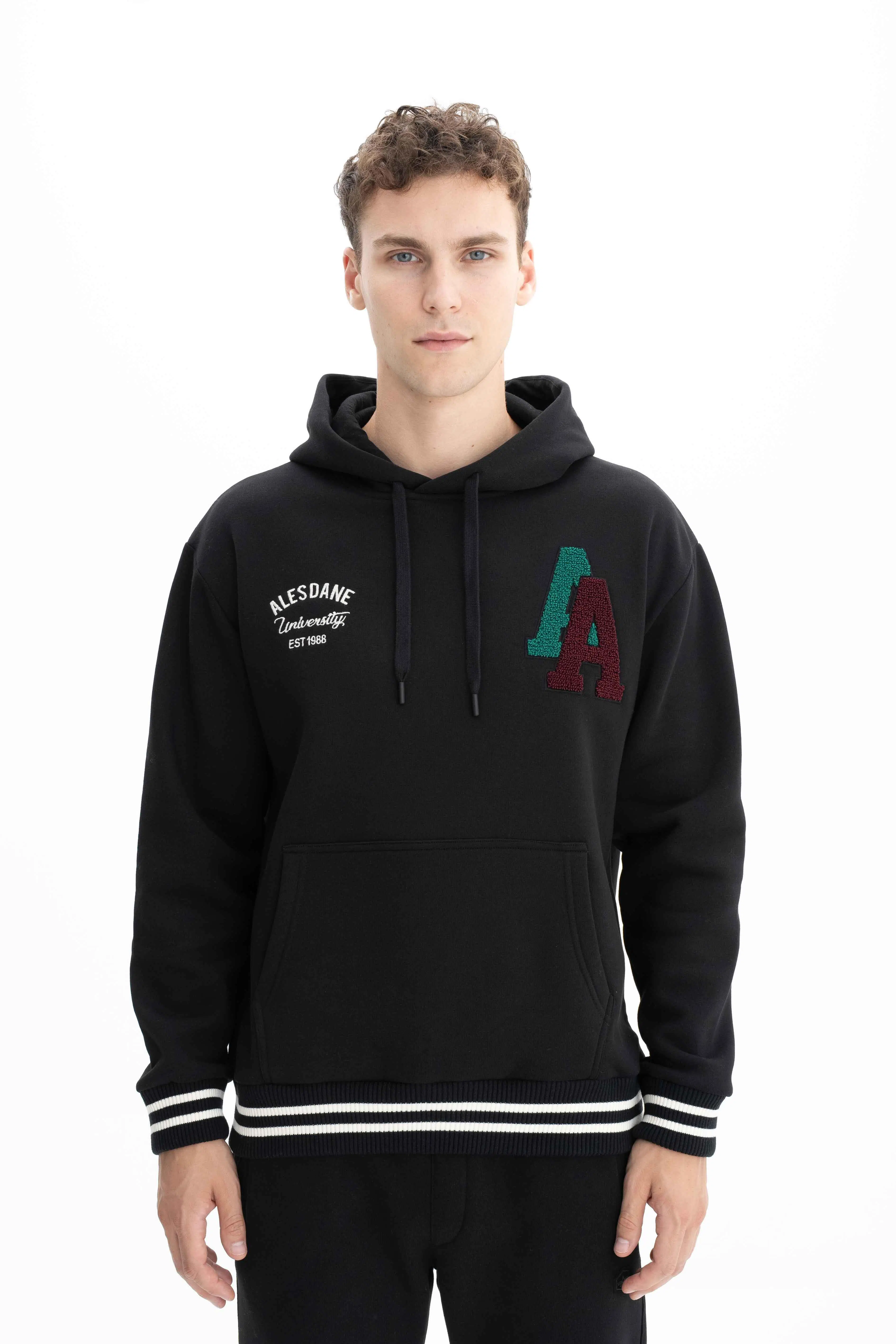 Ar-ma Erkek Kapşonlu Sweatshirt Yazi Baskili Kanguru Cepli Relax Fit Şardonlu Üç İplik K26254625601 - Siyah-S1