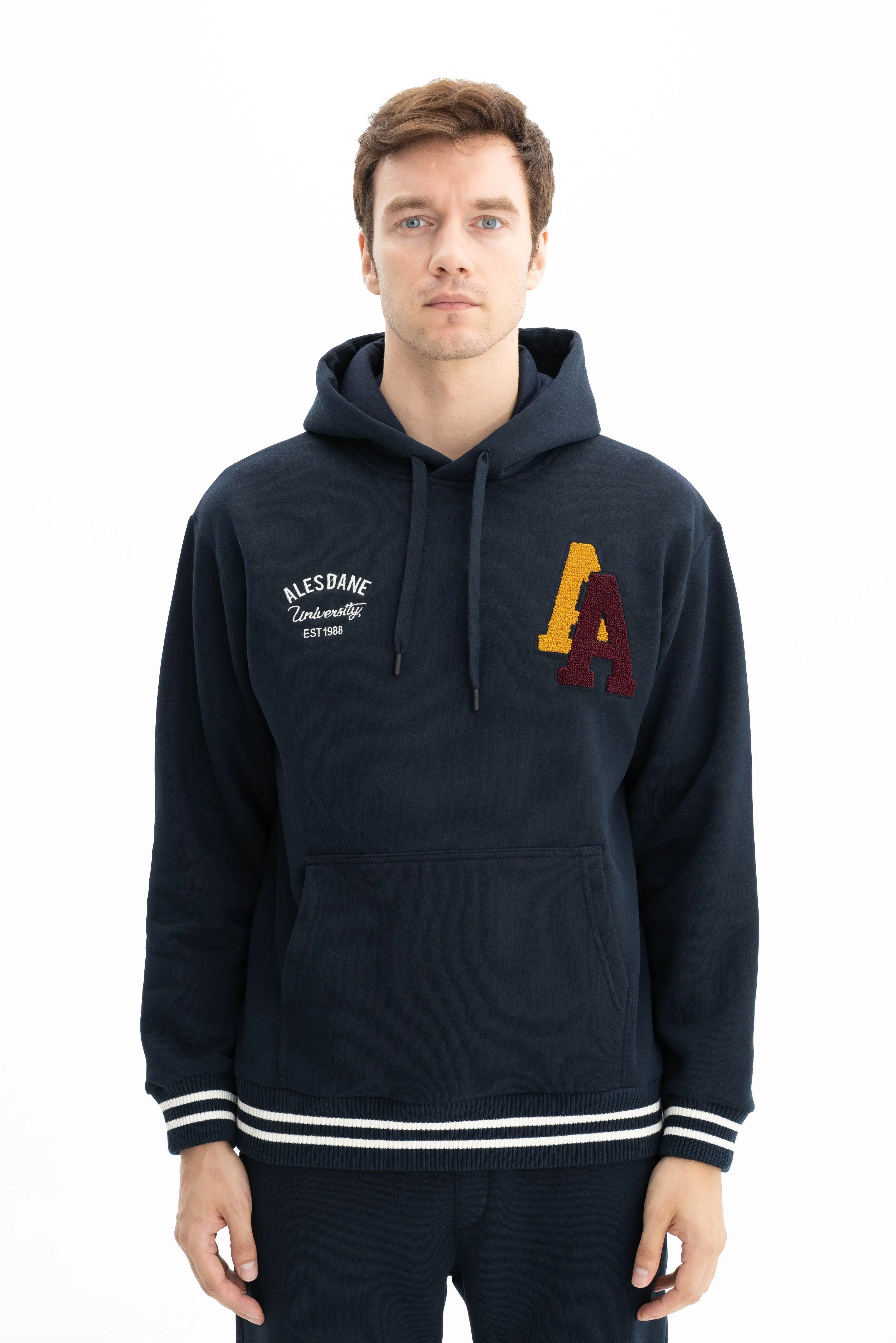 Ar-ma Erkek Kapşonlu Sweatshirt Yazi Baskili Kanguru Cepli Relax Fit Şardonlu Üç İplik K26254625601 - Lacivert-L1