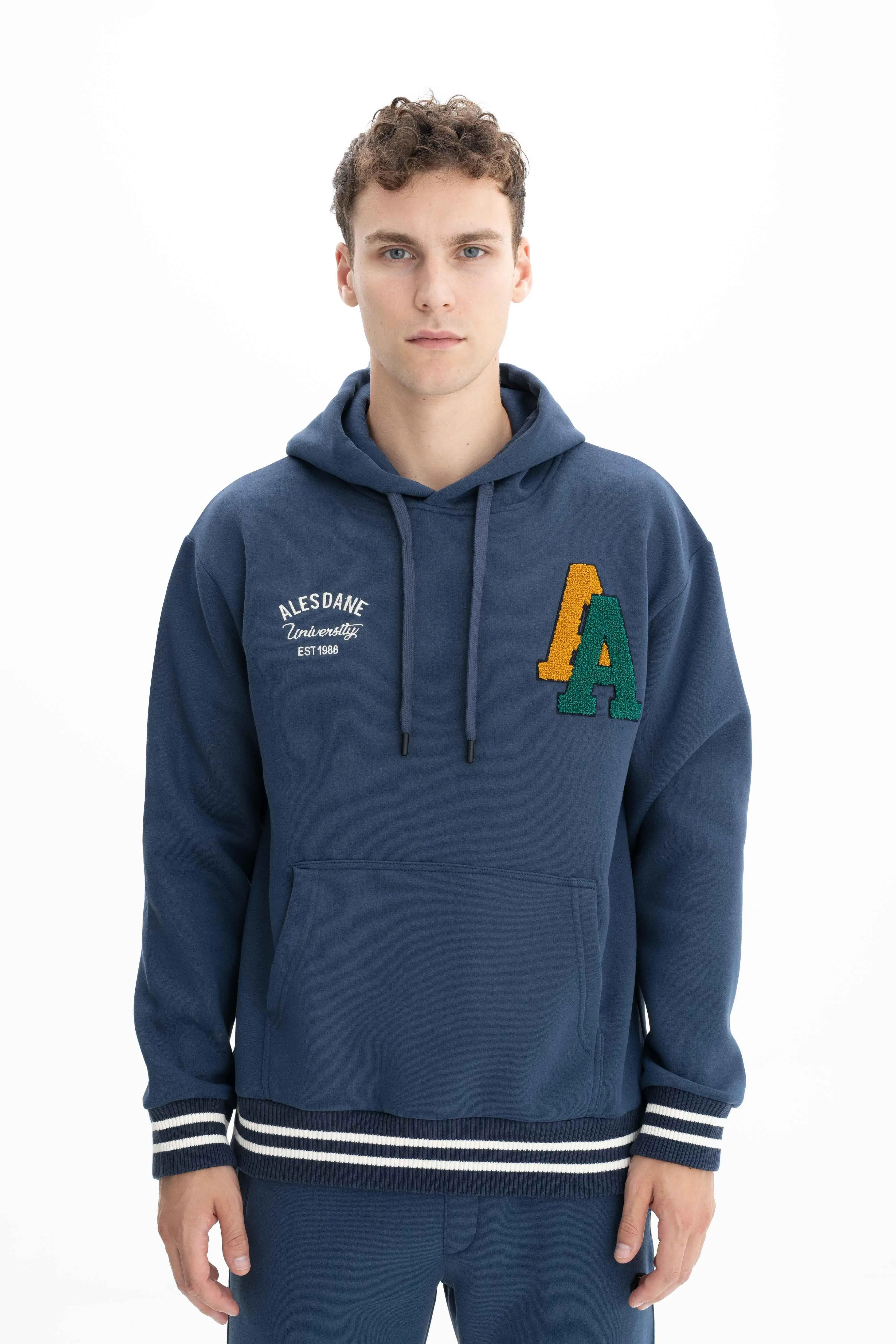 Ar-ma Erkek Kapşonlu Sweatshirt Yazi Baskili Kanguru Cepli Relax Fit Şardonlu Üç İplik K26254625601 - İndigo-İ1