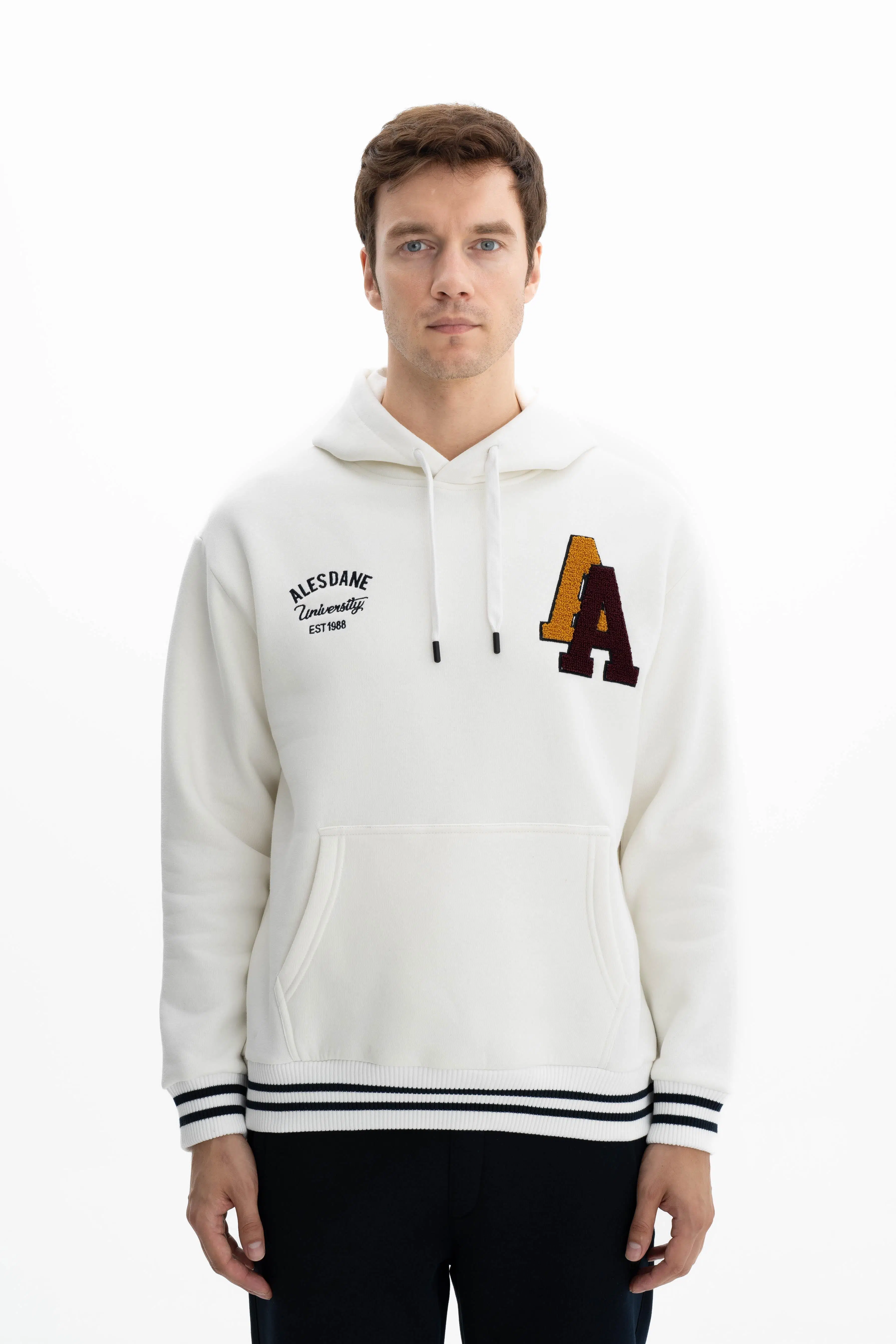 Ar-ma Erkek Kapşonlu Sweatshirt Yazi Baskili Kanguru Cepli Relax Fit Şardonlu Üç İplik K26254625601 - Ekru-E1