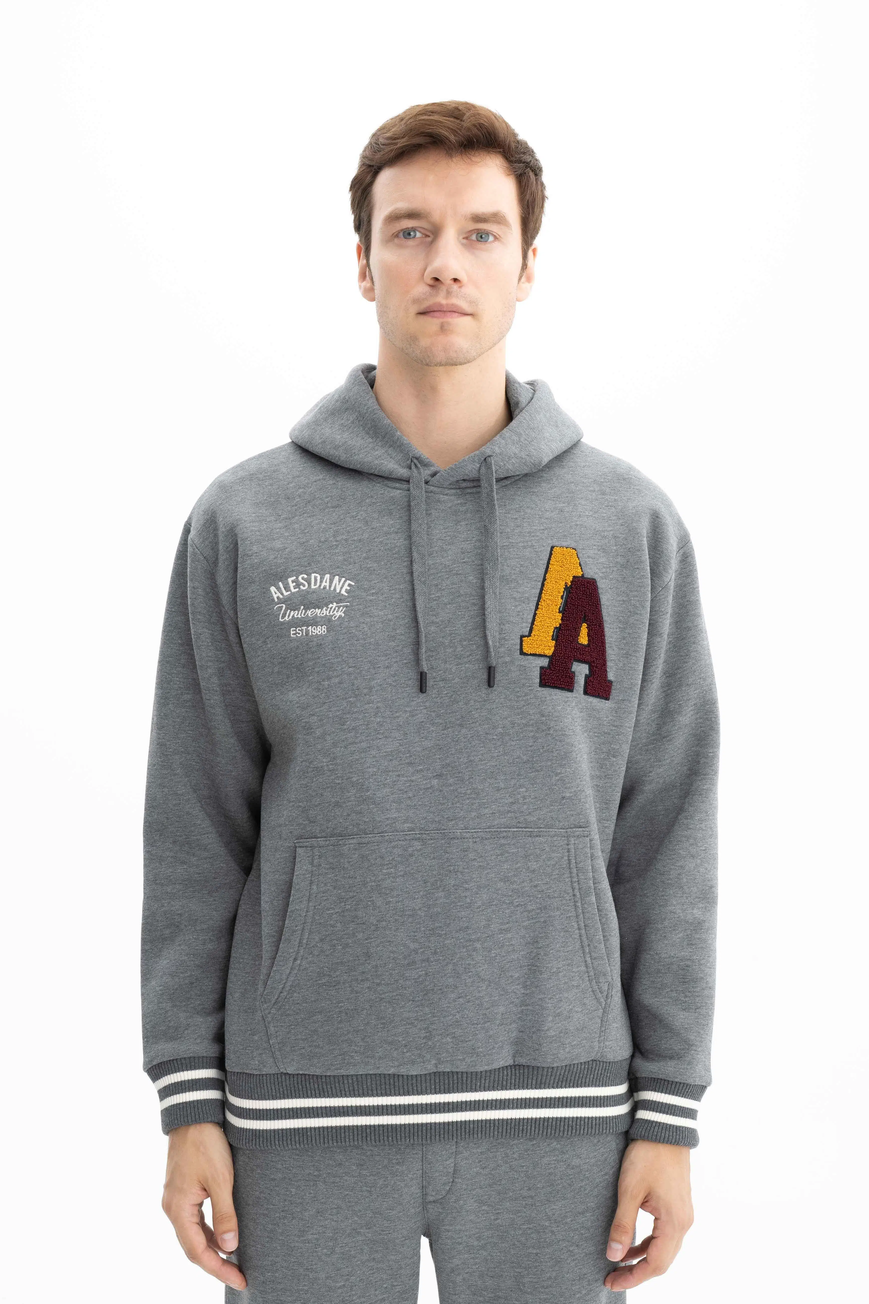Ar-ma Erkek Kapşonlu Sweatshirt Yazi Baskili Kanguru Cepli Relax Fit Şardonlu Üç İplik K26254625601 - Gri-G1