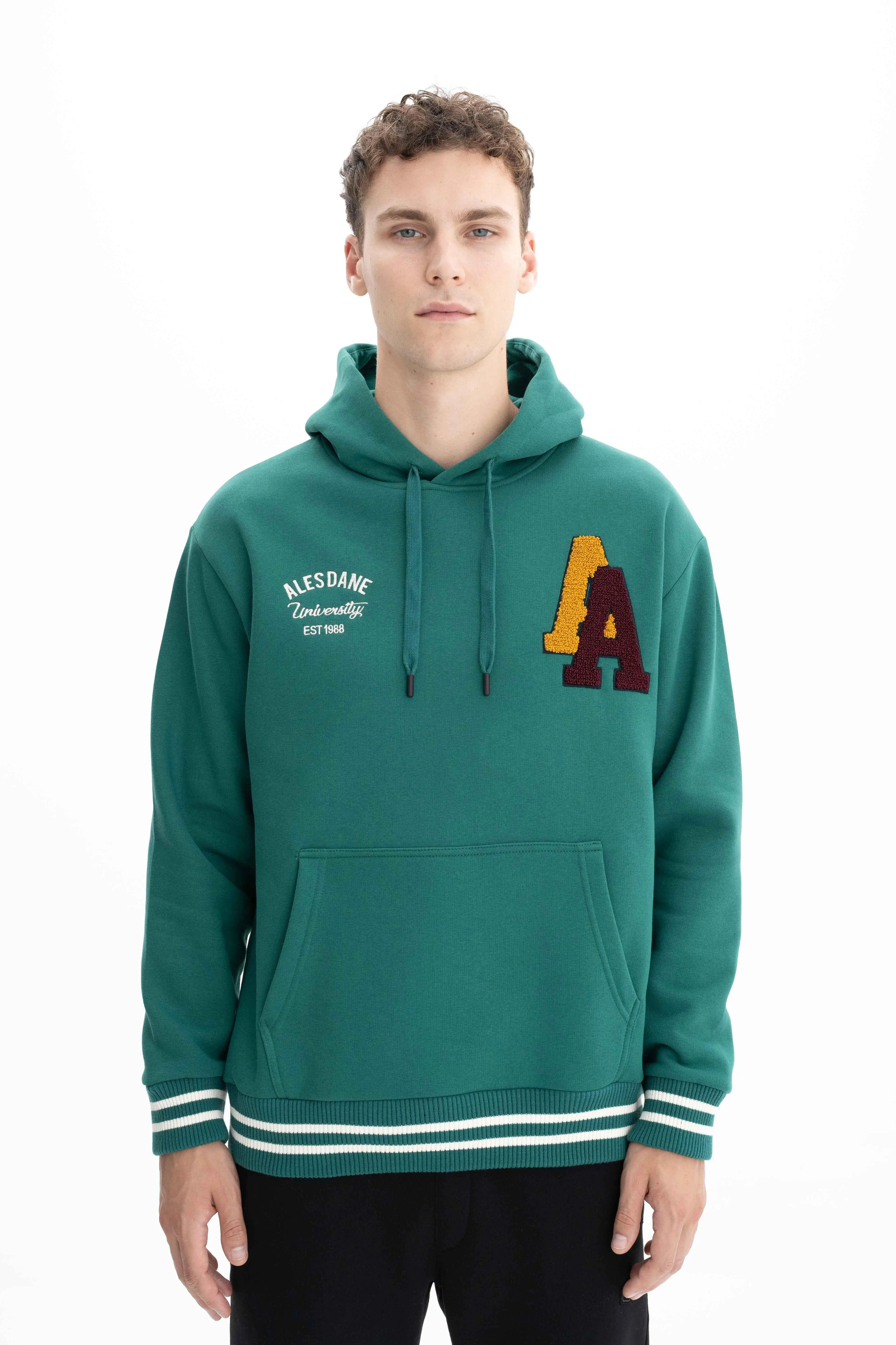 Ar-ma Erkek Kapşonlu Sweatshirt Yazi Baskili Kanguru Cepli Relax Fit Şardonlu Üç İplik K26254625601 - Yeşil-Y10