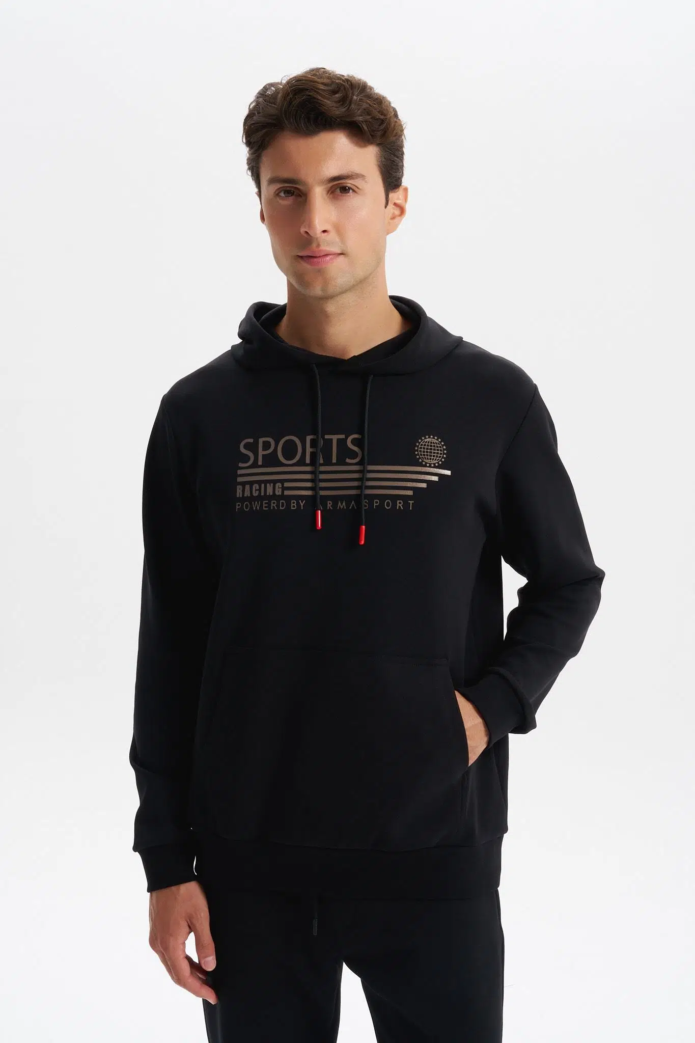 Ar-ma Erkek Kapşonlu Sweatshirt Yazi Baskili Kanguru Cepli Slim Fit Scuba İnterlok K30254685102 - Siyah-S1