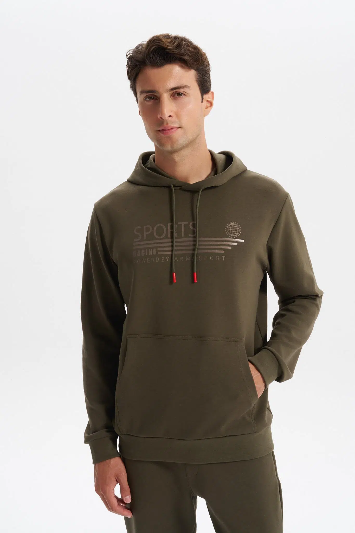 Ar-ma Erkek Kapşonlu Sweatshirt Yazi Baskili Kanguru Cepli Slim Fit Scuba İnterlok K30254685102 - Haki-H1