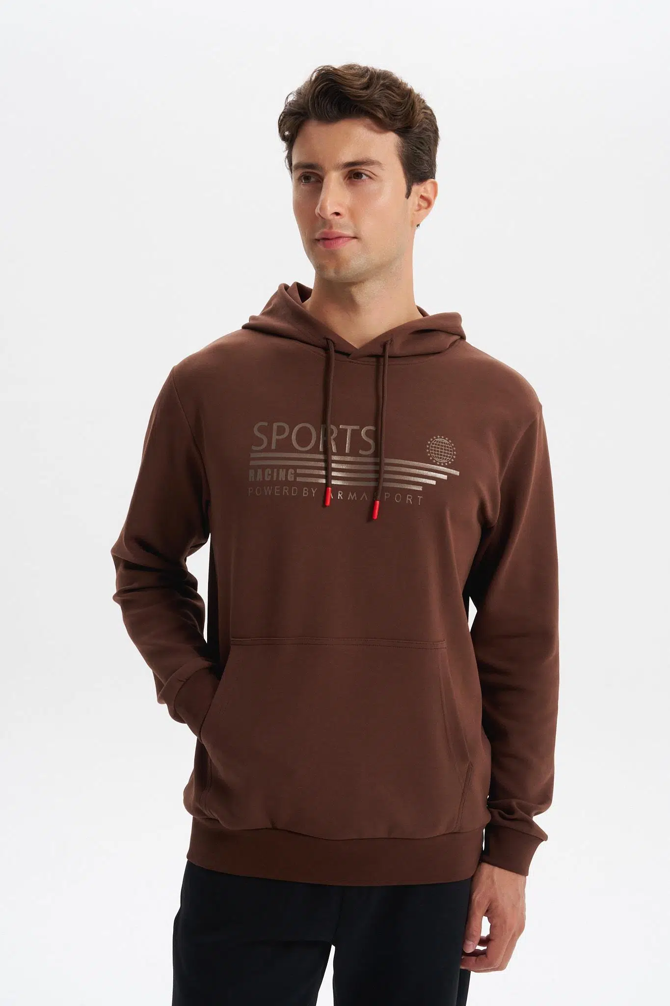 Ar-ma Erkek Kapşonlu Sweatshirt Yazi Baskili Kanguru Cepli Slim Fit Scuba İnterlok K30254685102 - Kahverengi-K1