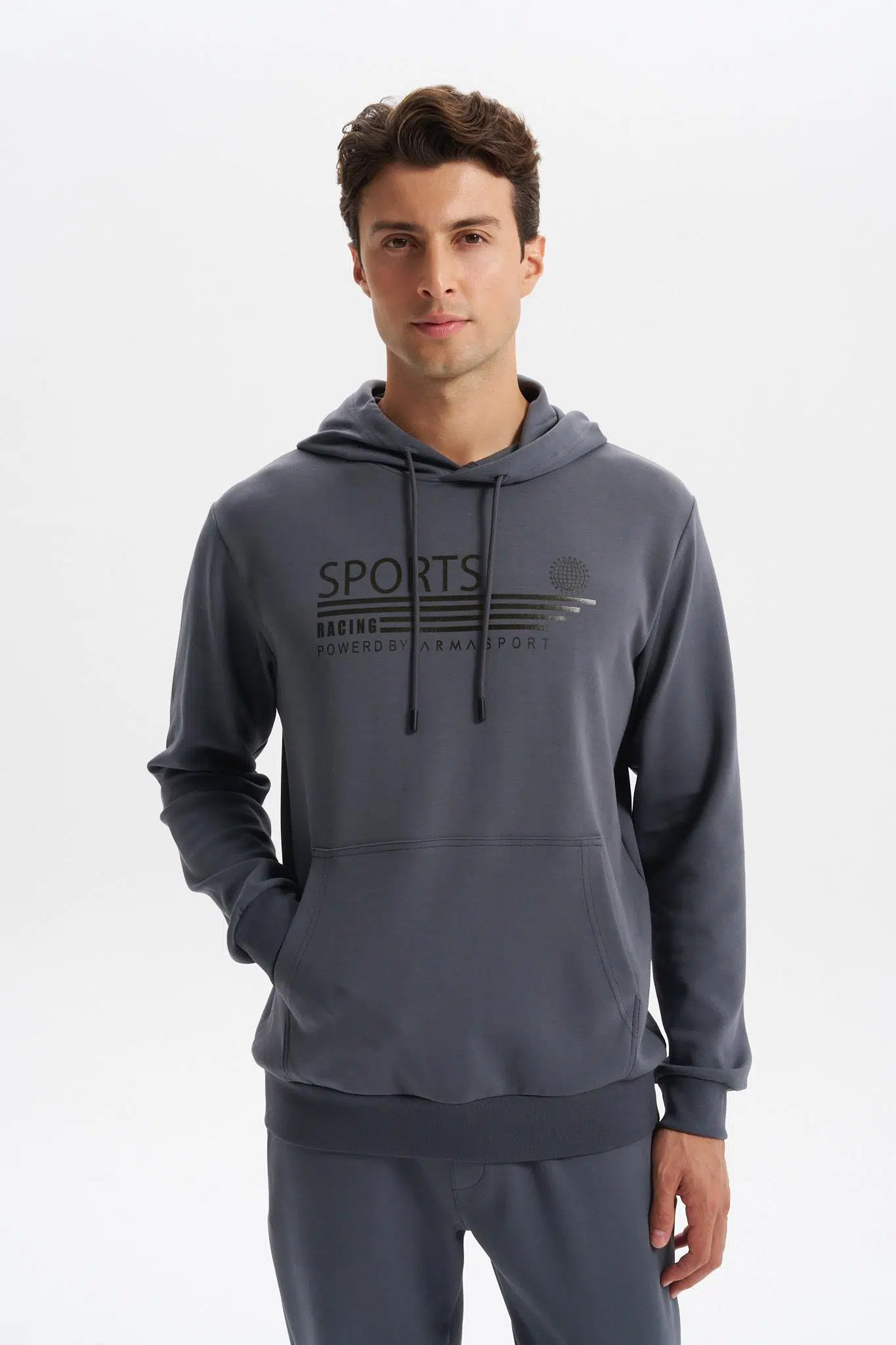 Ar-ma Erkek Kapşonlu Sweatshirt Yazi Baskili Kanguru Cepli Slim Fit Scuba İnterlok K30254685102 - Gri-G3