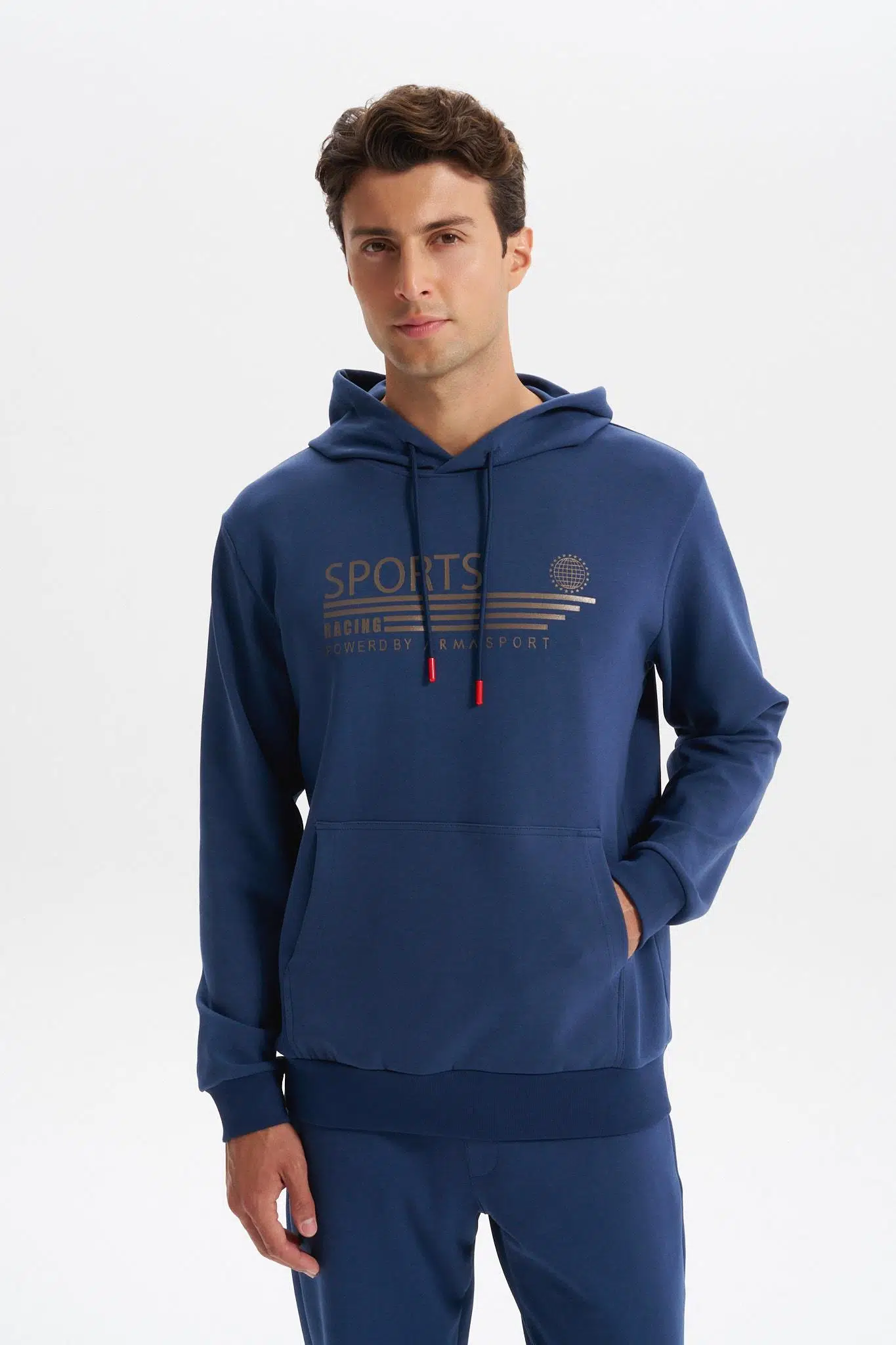 Ar-ma Erkek Kapşonlu Sweatshirt Yazi Baskili Kanguru Cepli Slim Fit Scuba İnterlok K30254685102 - İndigo-İ1