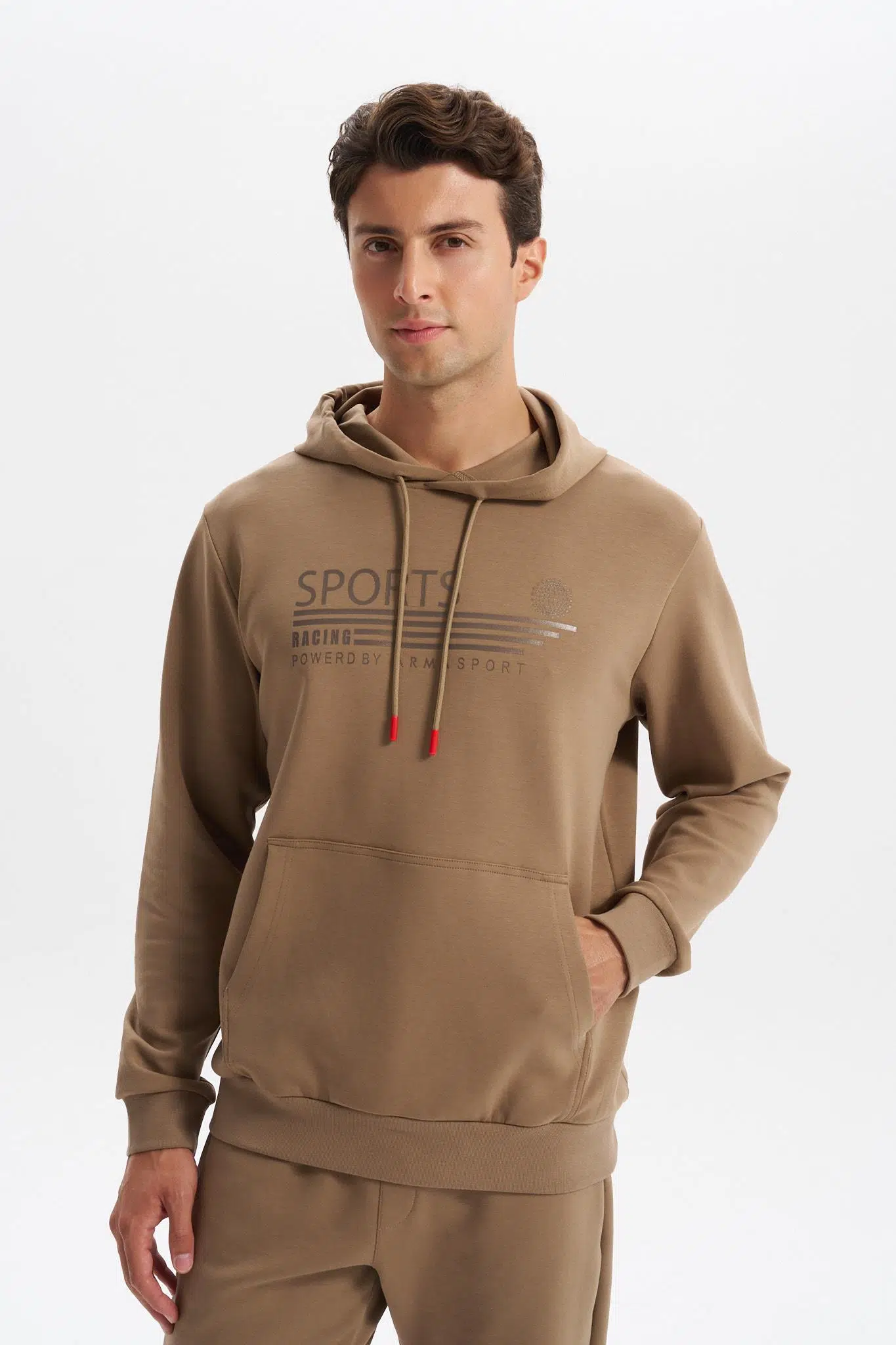 Ar-ma Erkek Kapşonlu Sweatshirt Yazi Baskili Kanguru Cepli Slim Fit Scuba İnterlok K30254685102 - Gri-Bej G8