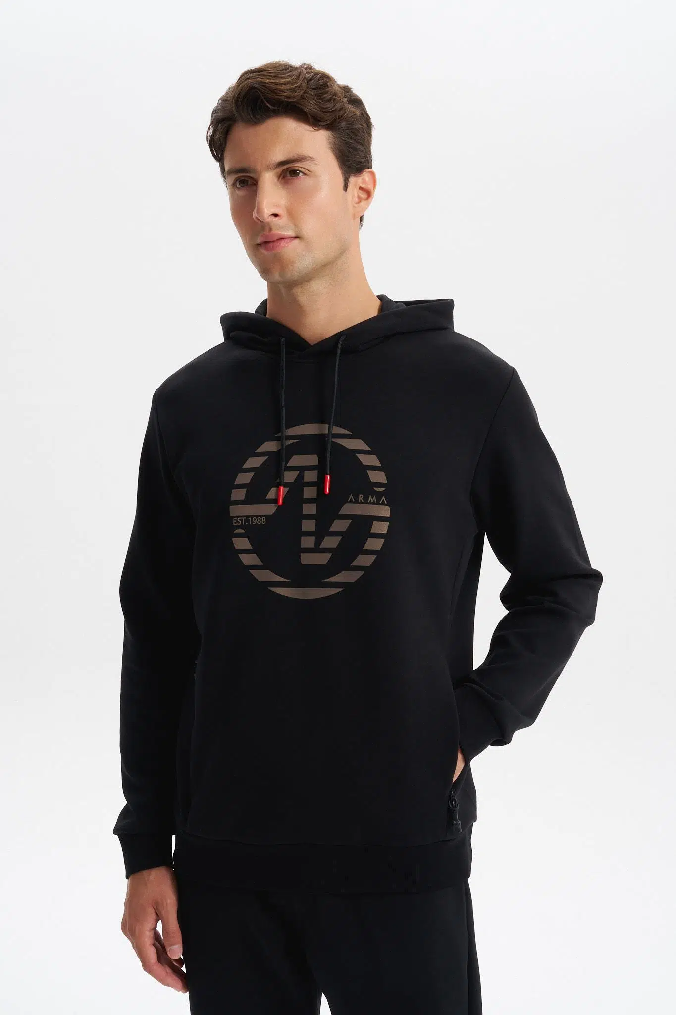 Ar-ma Erkek Kapşonlu Sweatshirt Yazi Baskili Yandan Fermuar Cepli Slim Fit Scuba İnterlok K30254685302 - Siyah-S1
