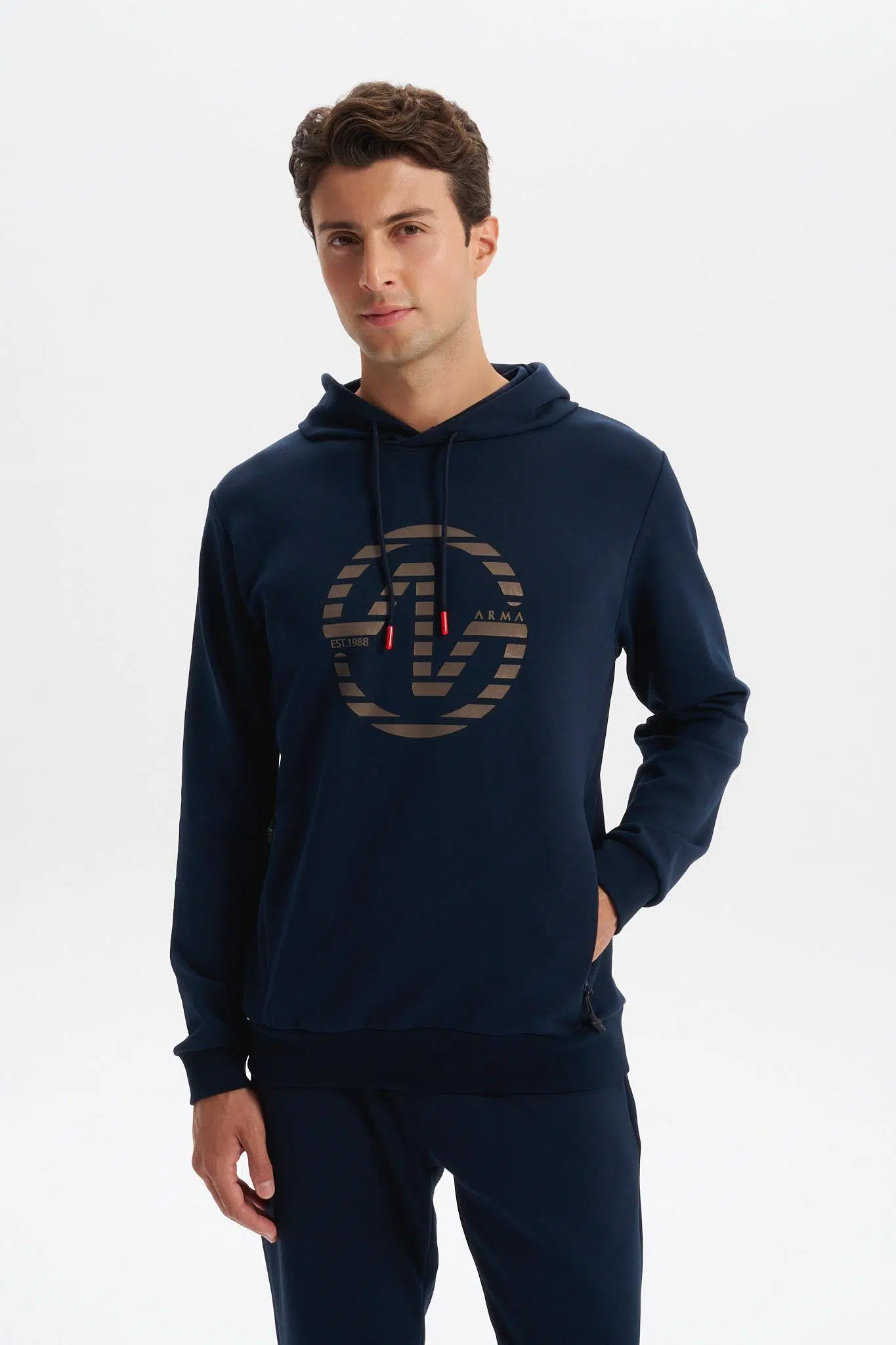 Ar-ma Erkek Kapşonlu Sweatshirt Yazi Baskili Yandan Fermuar Cepli Slim Fit Scuba İnterlok K30254685302 - Lacivert-L1
