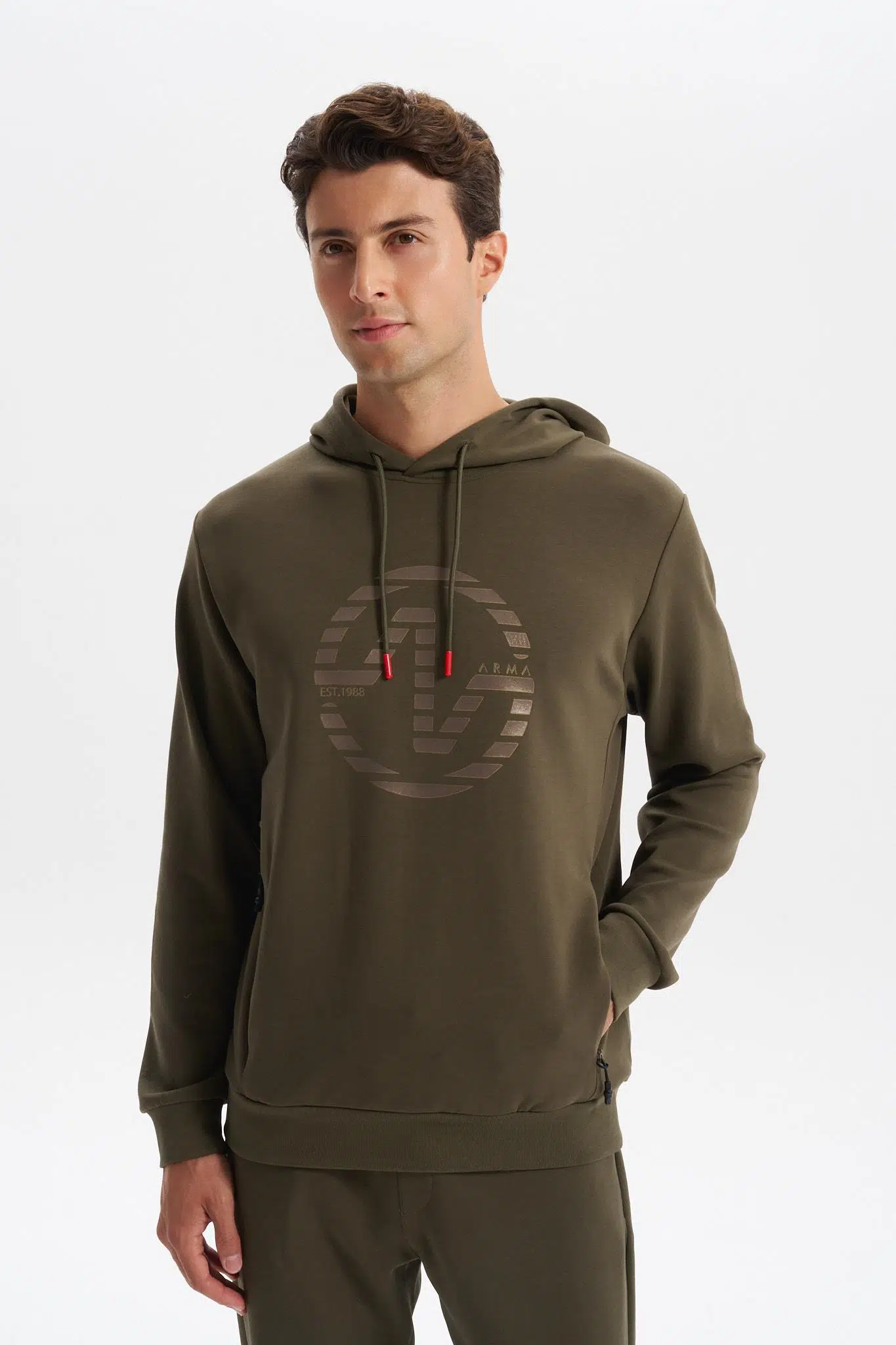 Ar-ma Erkek Kapşonlu Sweatshirt Yazi Baskili Yandan Fermuar Cepli Slim Fit Scuba İnterlok K30254685302 - Haki-H1