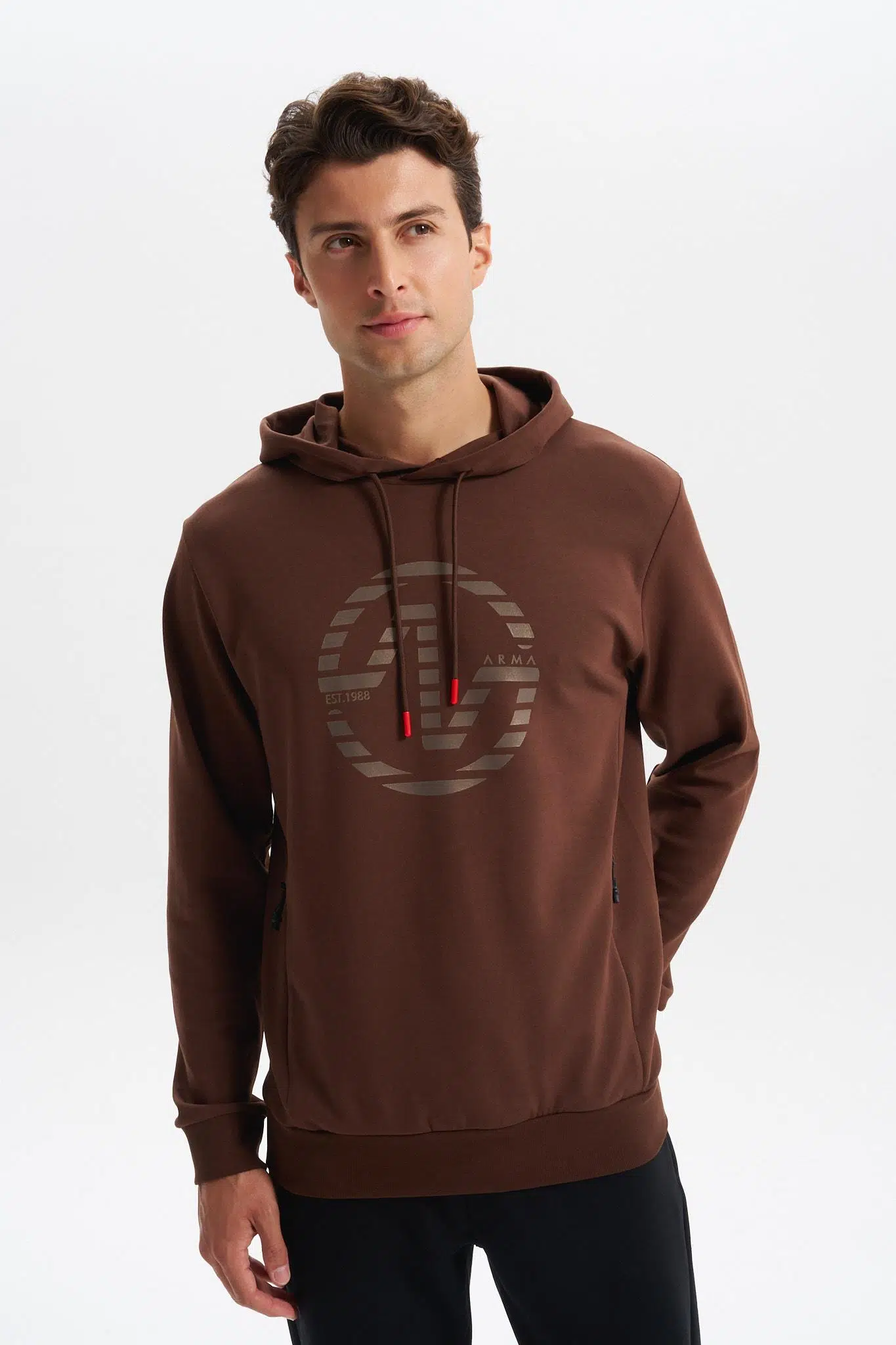 Ar-ma Erkek Kapşonlu Sweatshirt Yazi Baskili Yandan Fermuar Cepli Slim Fit Scuba İnterlok K30254685302 - Kahverengi-K1