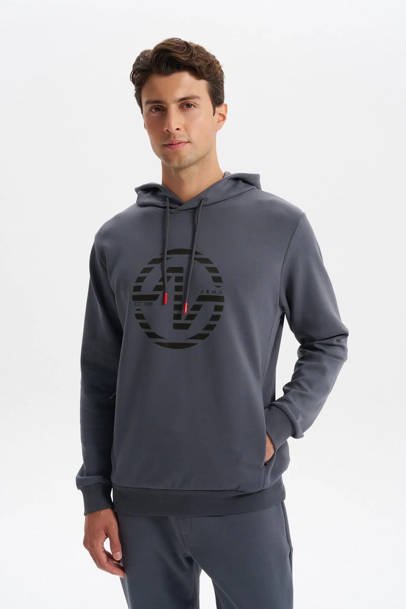 Ar-ma Erkek Kapşonlu Sweatshirt Yazi Baskili Yandan Fermuar Cepli Slim Fit Scuba İnterlok K30254685302 - Gri-G3