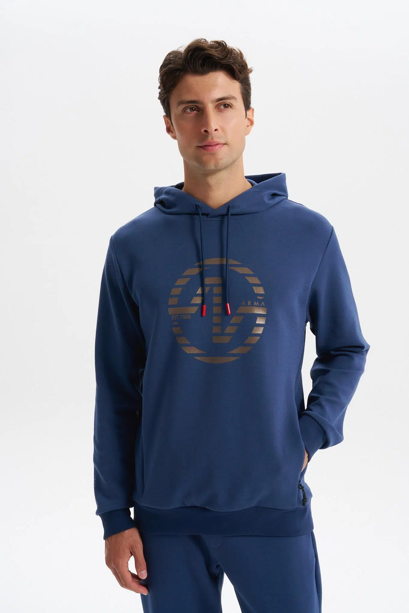 Ar-ma Erkek Kapşonlu Sweatshirt Yazi Baskili Yandan Fermuar Cepli Slim Fit Scuba İnterlok K30254685302 - İndigo-İ1