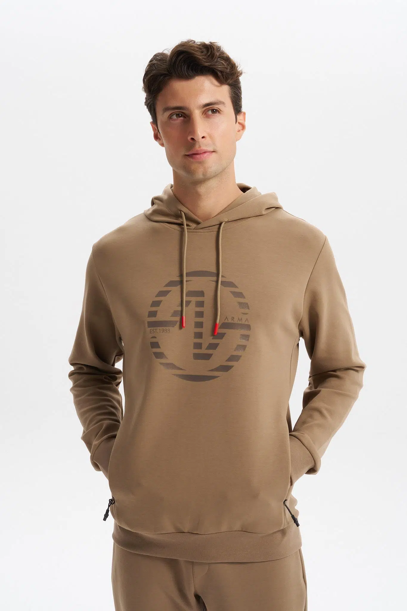 Ar-ma Erkek Kapşonlu Sweatshirt Yazi Baskili Yandan Fermuar Cepli Slim Fit Scuba İnterlok K30254685302 - Gri-Bej G8