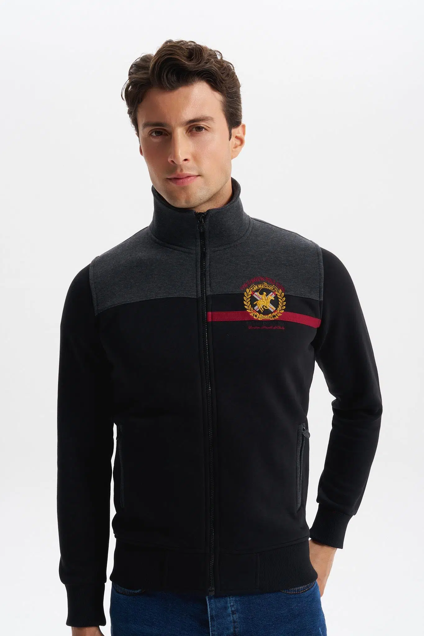 Ar-ma Erkek Mont Yazi Baskili Dik Yaka Yandan Fermuar Cepli Tam Fermuar Kapatmali Örme Kumaş Slim Fit %70 Pamuk %30 Polyester 30/1 Şardonlu Üç İplik K4MYO9378 - Siyah-S1