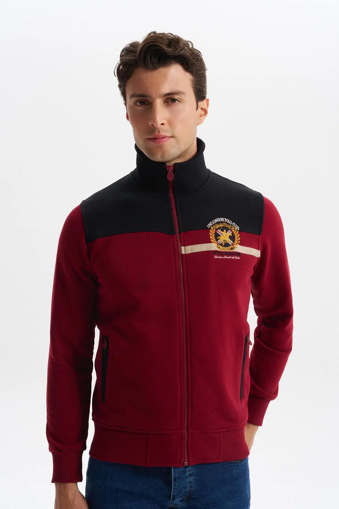 Ar-ma Erkek Mont Yazi Baskili Dik Yaka Yandan Fermuar Cepli Tam Fermuar Kapatmali Örme Kumaş Slim Fit %70 Pamuk %30 Polyester 30/1 Şardonlu Üç İplik K4MYO9378 - Bordo-B1