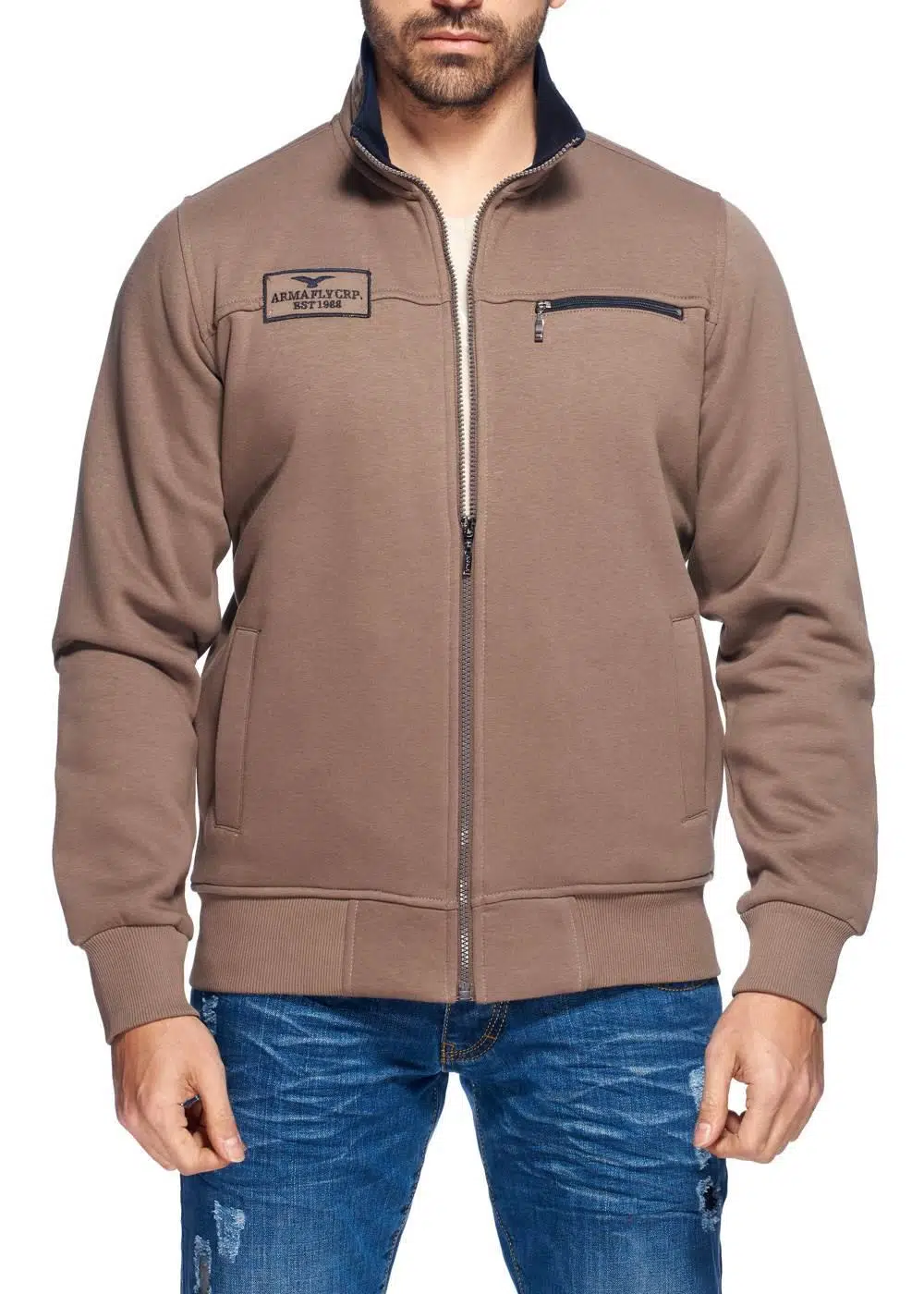 Ar-ma Erkek Mont Yazi Baskili Dik Yaka Yandan Fermuarsiz Cepli Sol Göğüs Fermuar Cepli Tam Fermuar Kapatmali Örme Kumaş Slim Fit %70 Pamuk %30 Polyester 30/1 Şardonlu Üç İplik K6MYO9715 - Kahverengi-K5