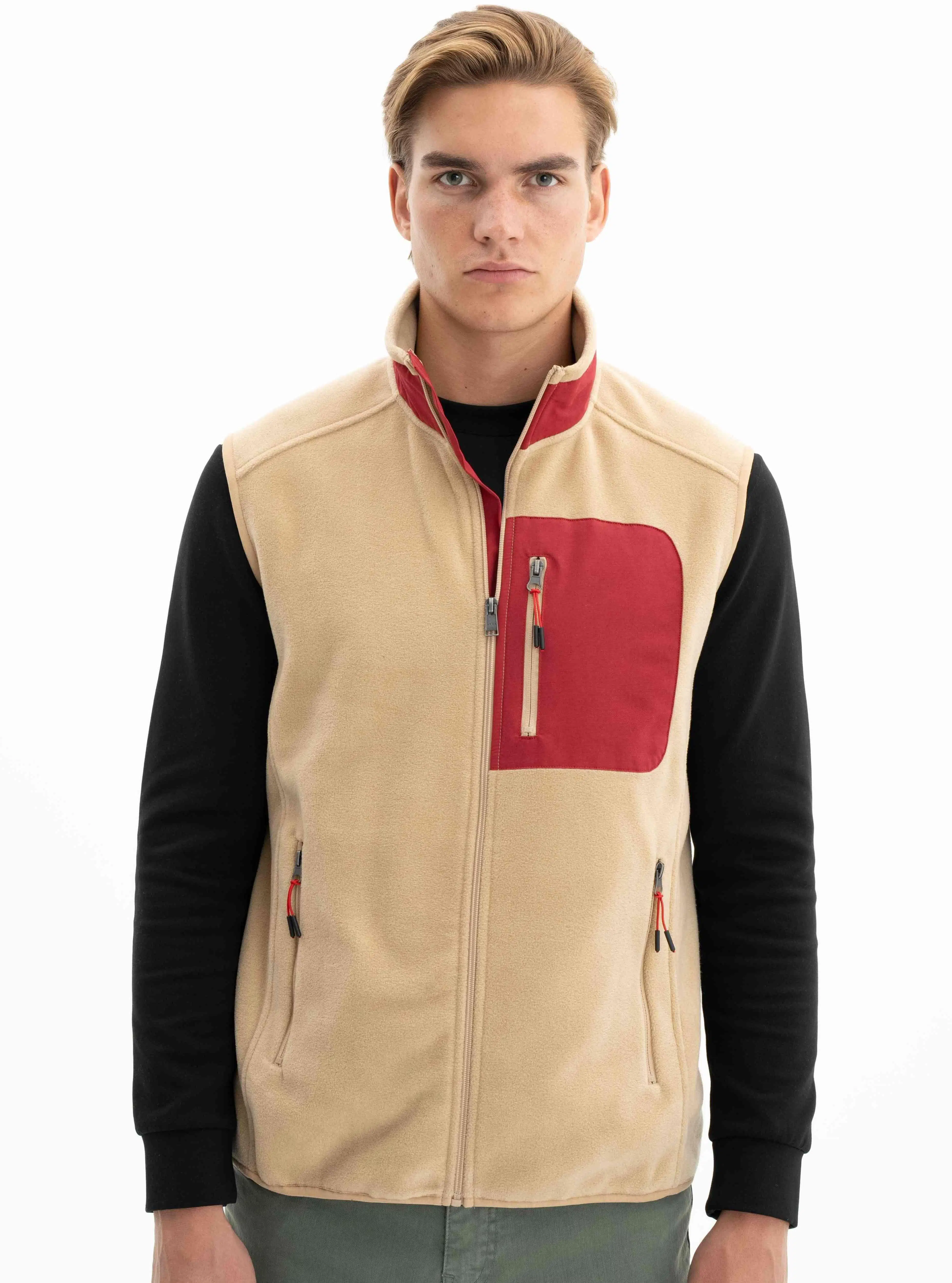 Ar-ma Erkek Polar Yelek Relax Fit Tam Fermuarlı %100 Polyester Softech Kışlık Cepli Baskısız K26424674101 - Bej-B1