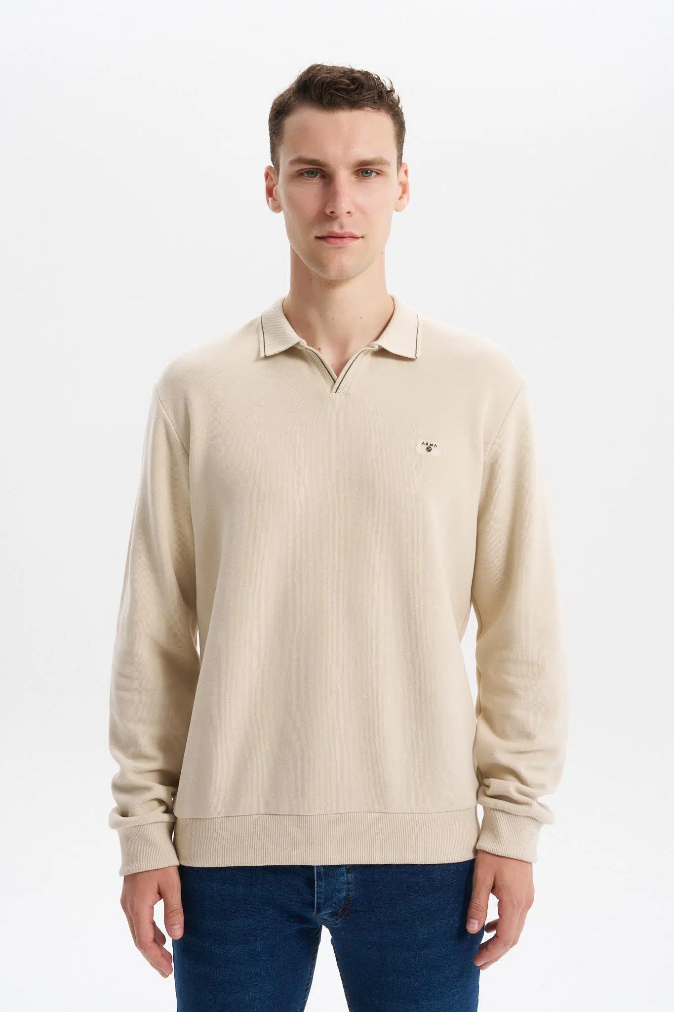 Ar-ma Erkek Polo Yaka Sweatshirt Basic Baskisiz Cepsiz Düğmesiz Örme Kumaş Regular Fit %65 Pamuk %35 Polyester 30/2 Karbon Firçali Selanik K30554698602 - Bej-B1