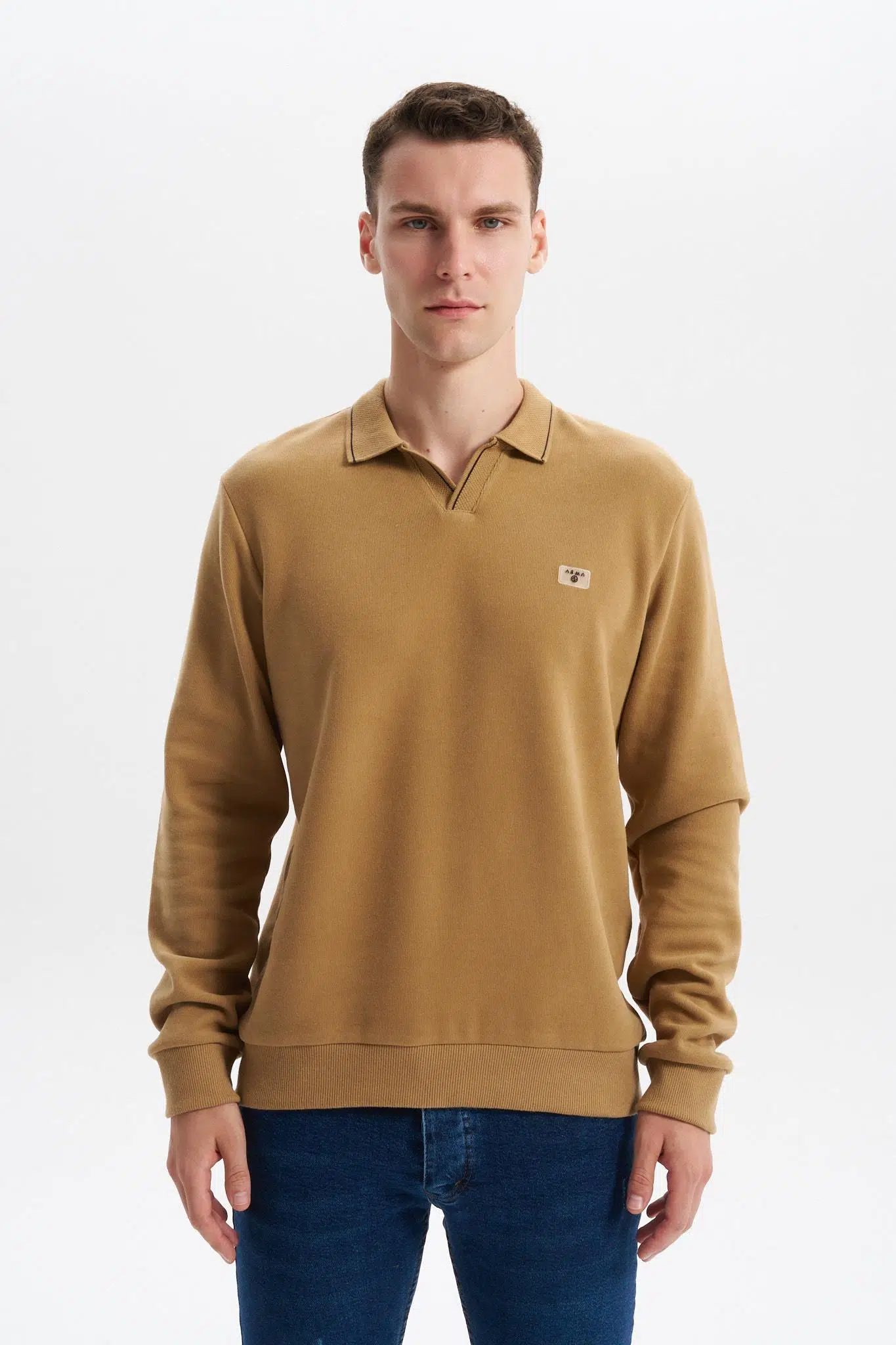 Ar-ma Erkek Polo Yaka Sweatshirt Basic Baskisiz Cepsiz Düğmesiz Örme Kumaş Regular Fit %65 Pamuk %35 Polyester 30/2 Karbon Firçali Selanik K30554698602 - Kahverengi-K5