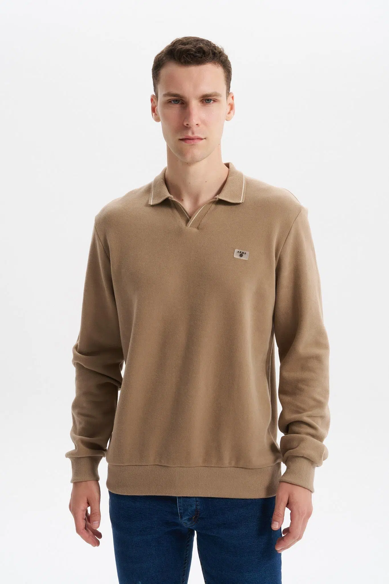 Ar-ma Erkek Polo Yaka Sweatshirt Basic Baskisiz Cepsiz Düğmesiz Örme Kumaş Regular Fit %65 Pamuk %35 Polyester 30/2 Karbon Firçali Selanik K30554698602 - Gri-Bej G8
