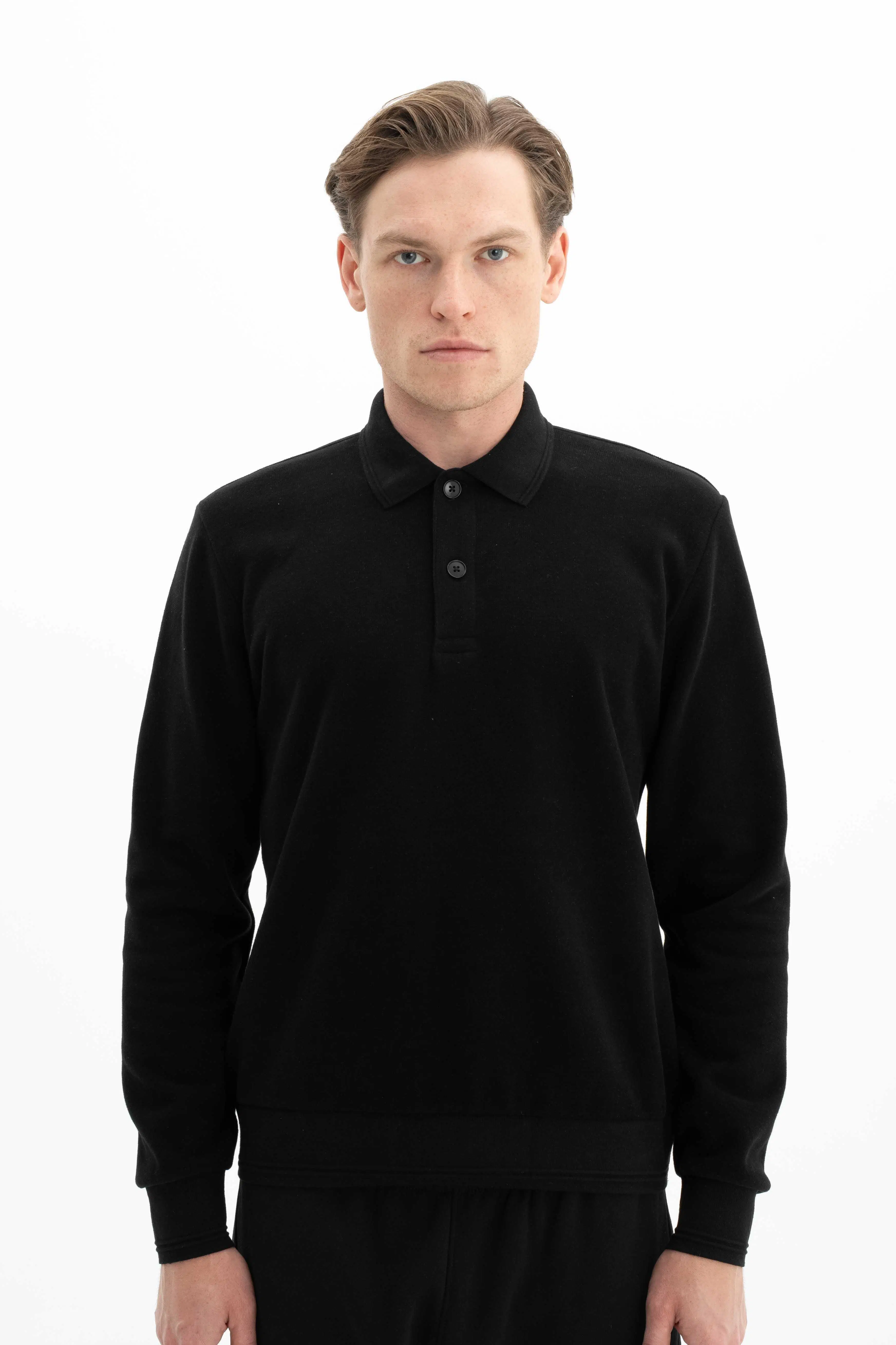 Ar-ma Erkek Polo Yaka Sweatshirt Basic Baskisiz Cepsiz Örme Kumaş Regular Fit %65 Pamuk %35 Polyester 30/2 Karbon Firçali Selanik K26564699901 - Siyah-S1