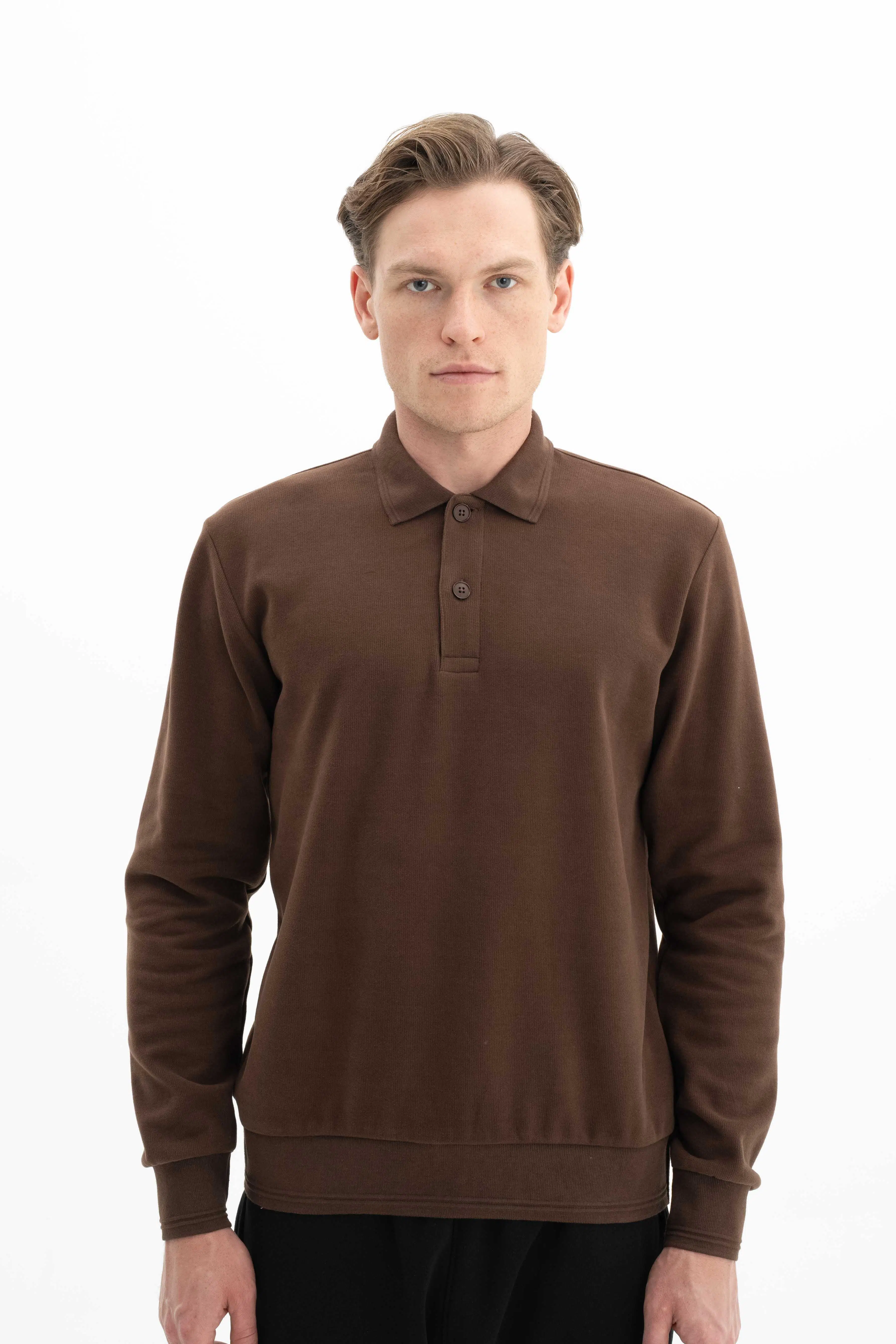 Ar-ma Erkek Polo Yaka Sweatshirt Basic Baskisiz Cepsiz Örme Kumaş Regular Fit %65 Pamuk %35 Polyester 30/2 Karbon Firçali Selanik K26564699901 - Kahverengi-K1